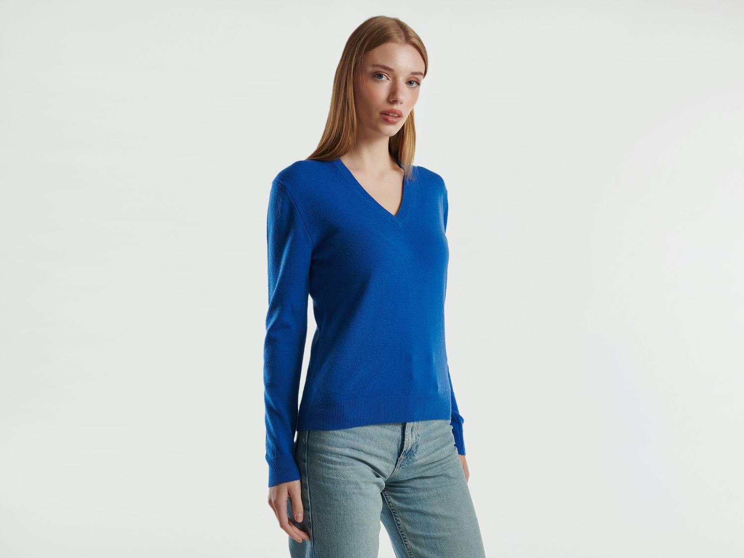 Kadın Gece Mavisi V Yaka %100 Merino Kazak