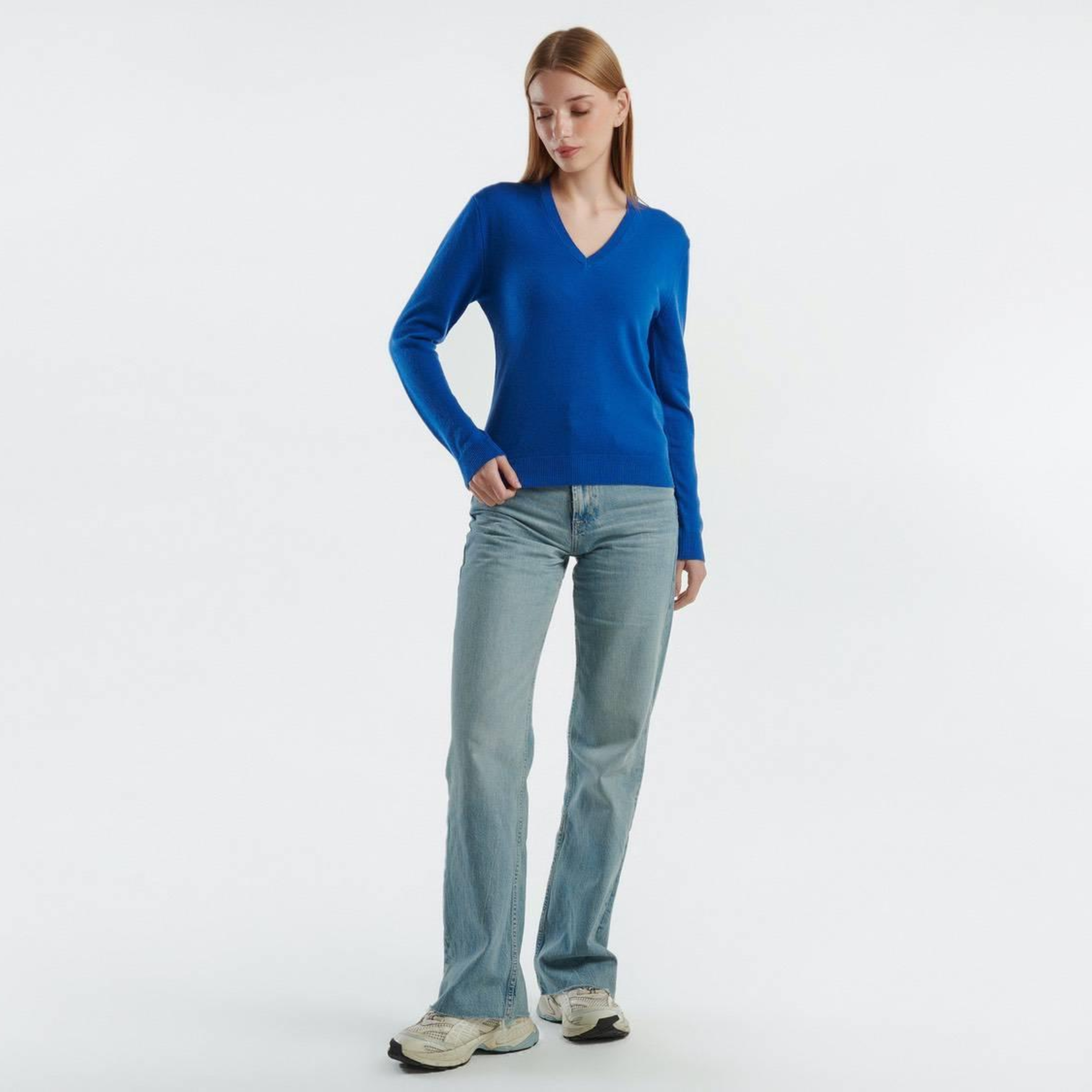 Kadın Gece Mavisi V Yaka %100 Merino Kazak