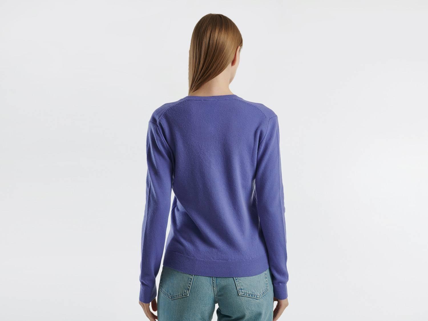 Kadın Mor V Yaka %100 Merino Kazak