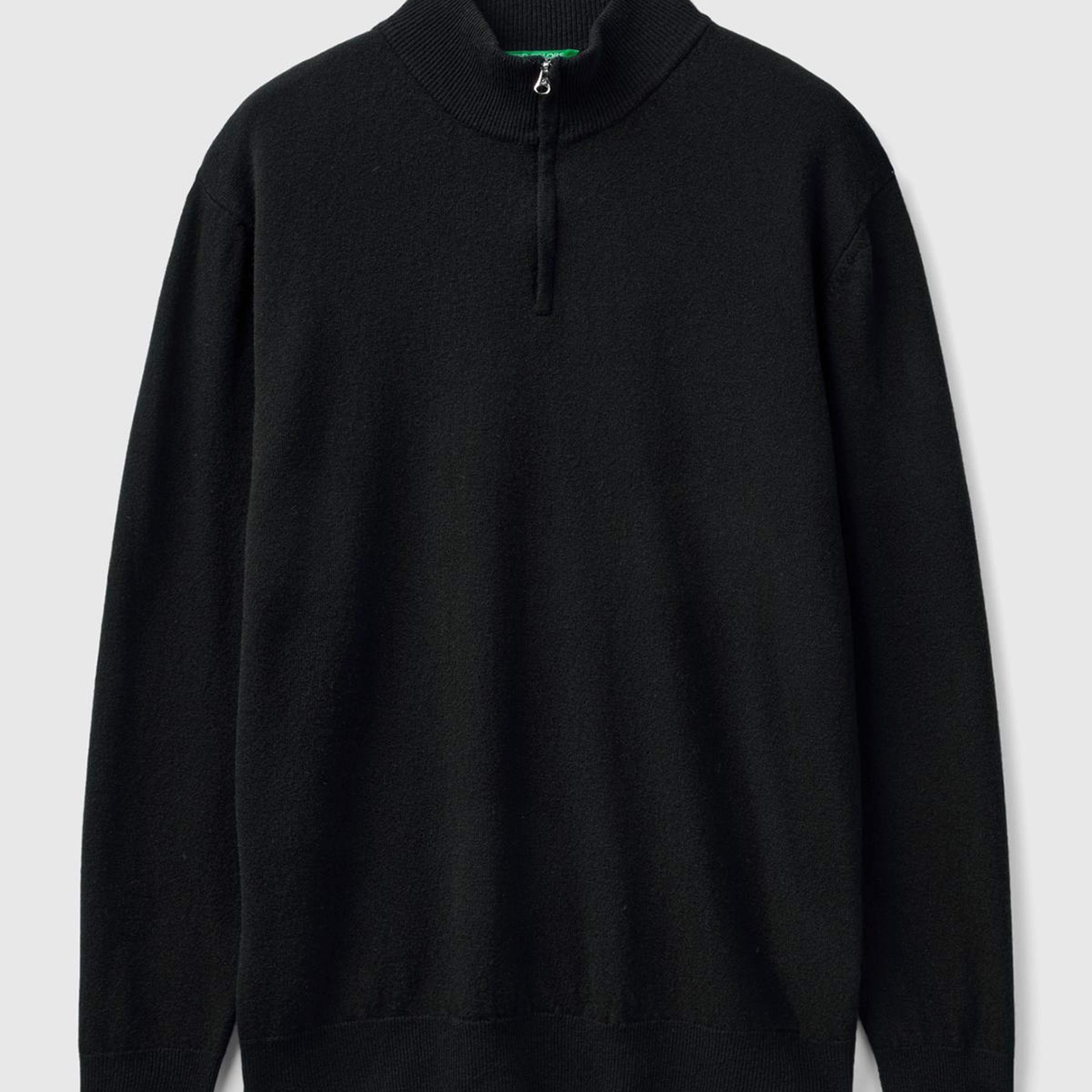 Erkek Siyah Dik Yaka Yarım Fermuarlı %100 Merino Kazak
