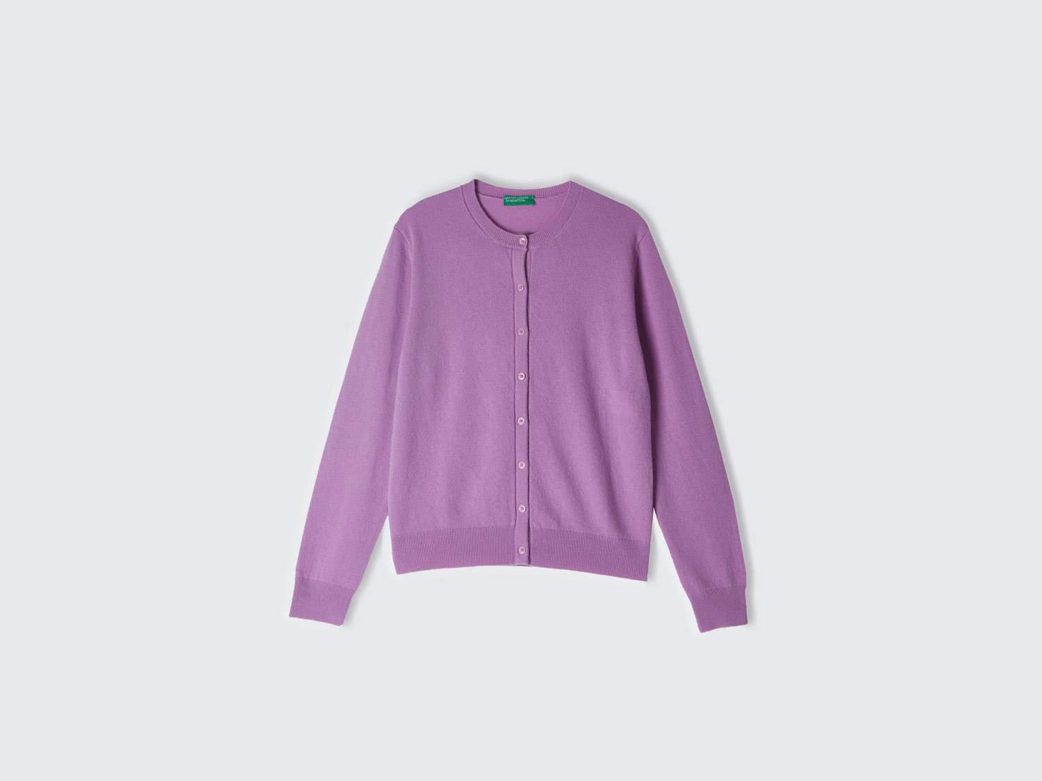 Kadın Lila %100 Kaşmir Yuvarlak Yaka Önü Düğme İliklemeli Hırka