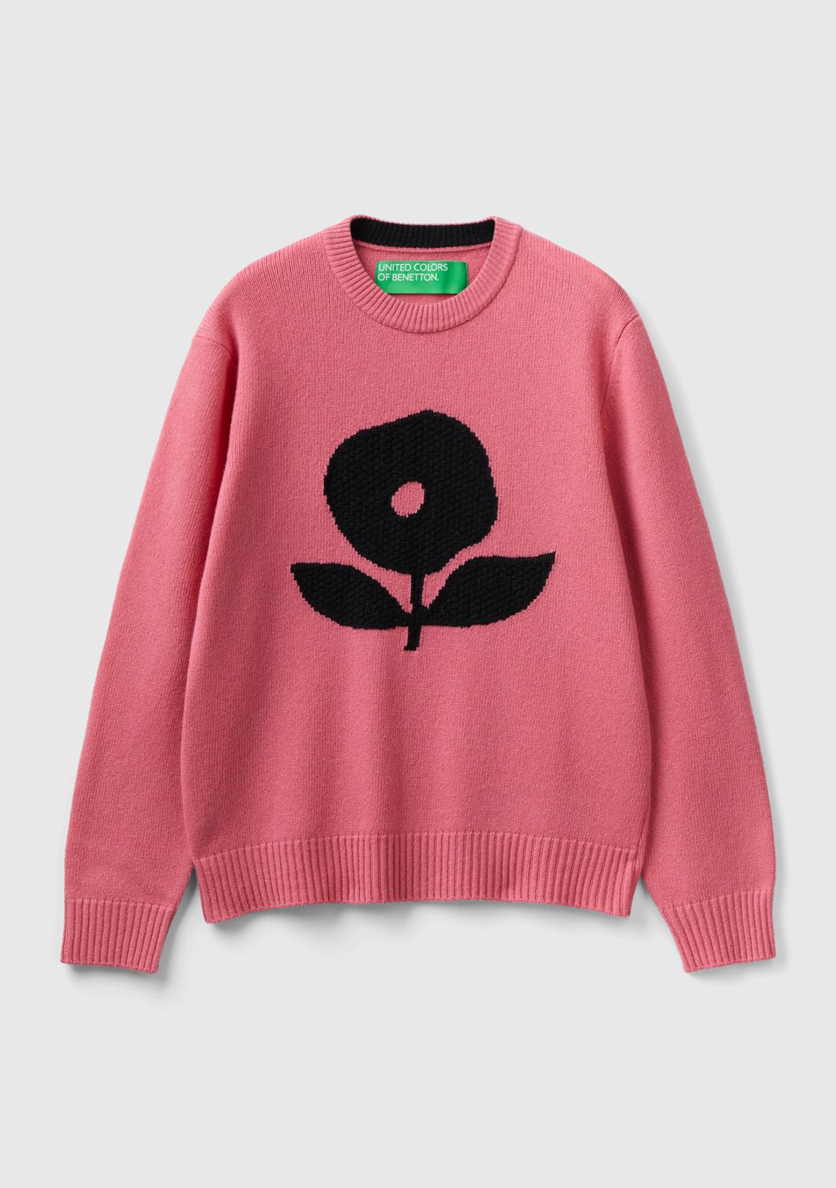 Kadın Gül Kurusu Yün Karışımlı Çiçek Desenli Kazak