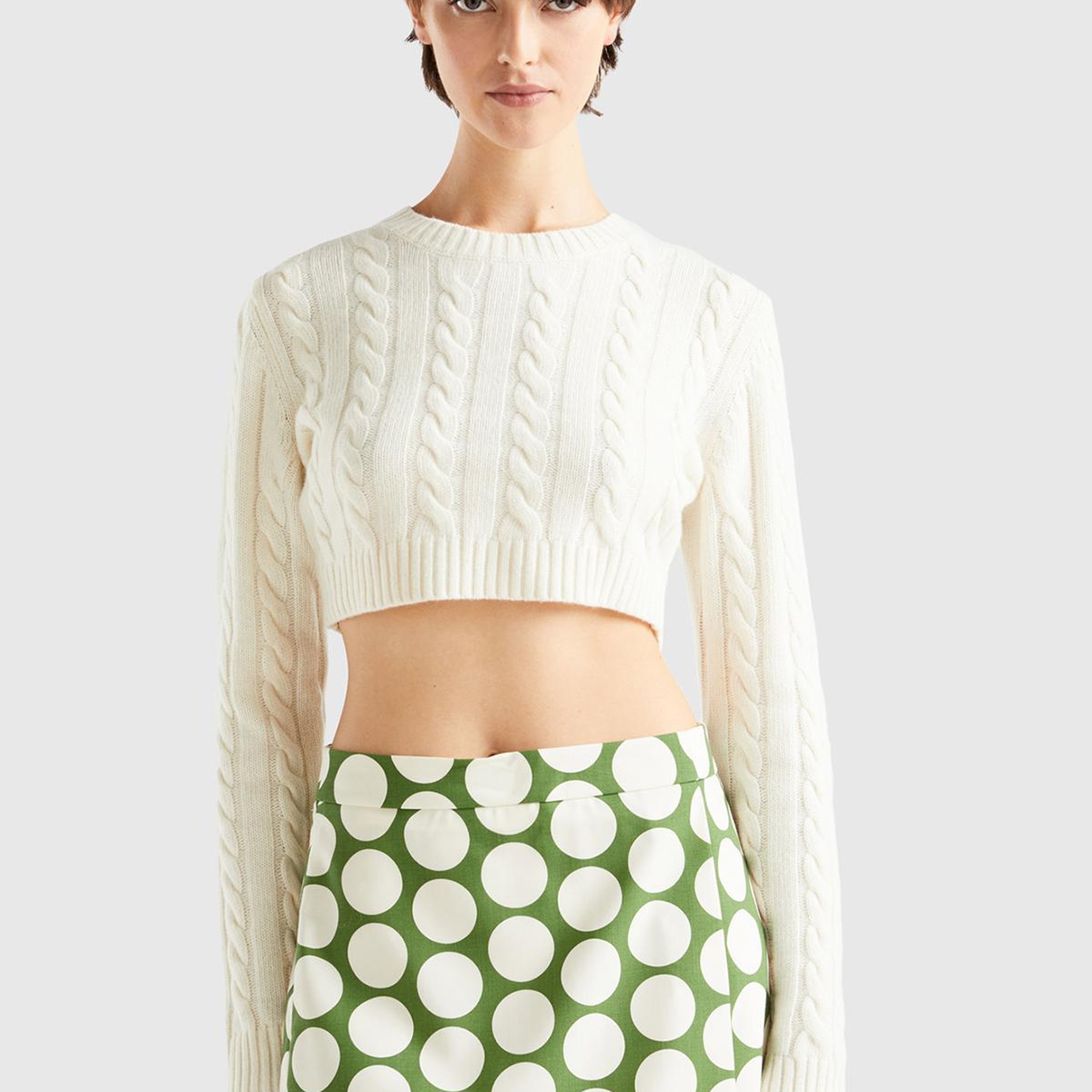 Kadın Vanilya Yün Karışımlı Saç Örgülü Crop Kazak