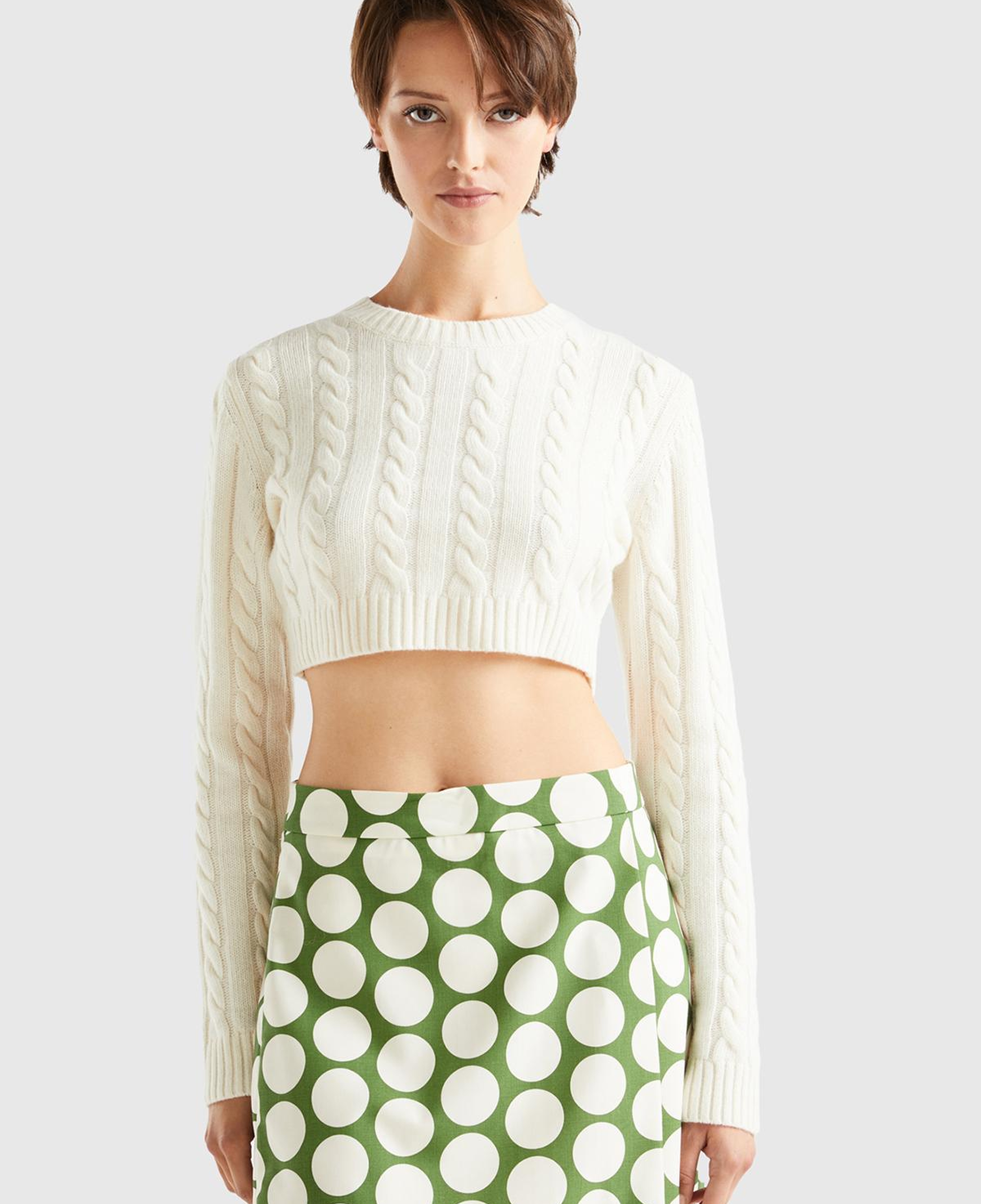 Kadın Vanilya Yün Karışımlı Saç Örgülü Crop Kazak