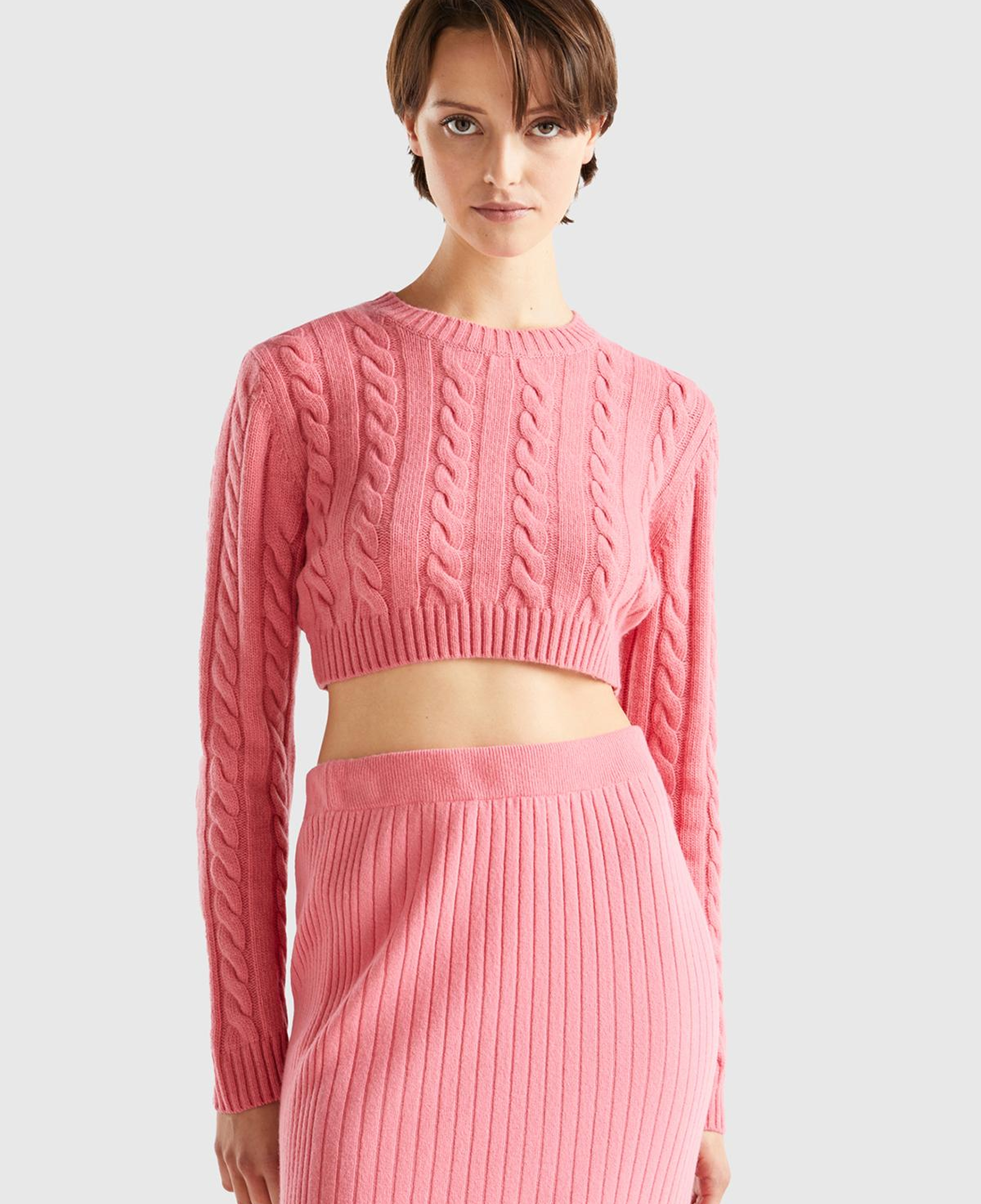 Kadın Gül Kurusu Yün Karışımlı Saç Örgülü Crop Kazak