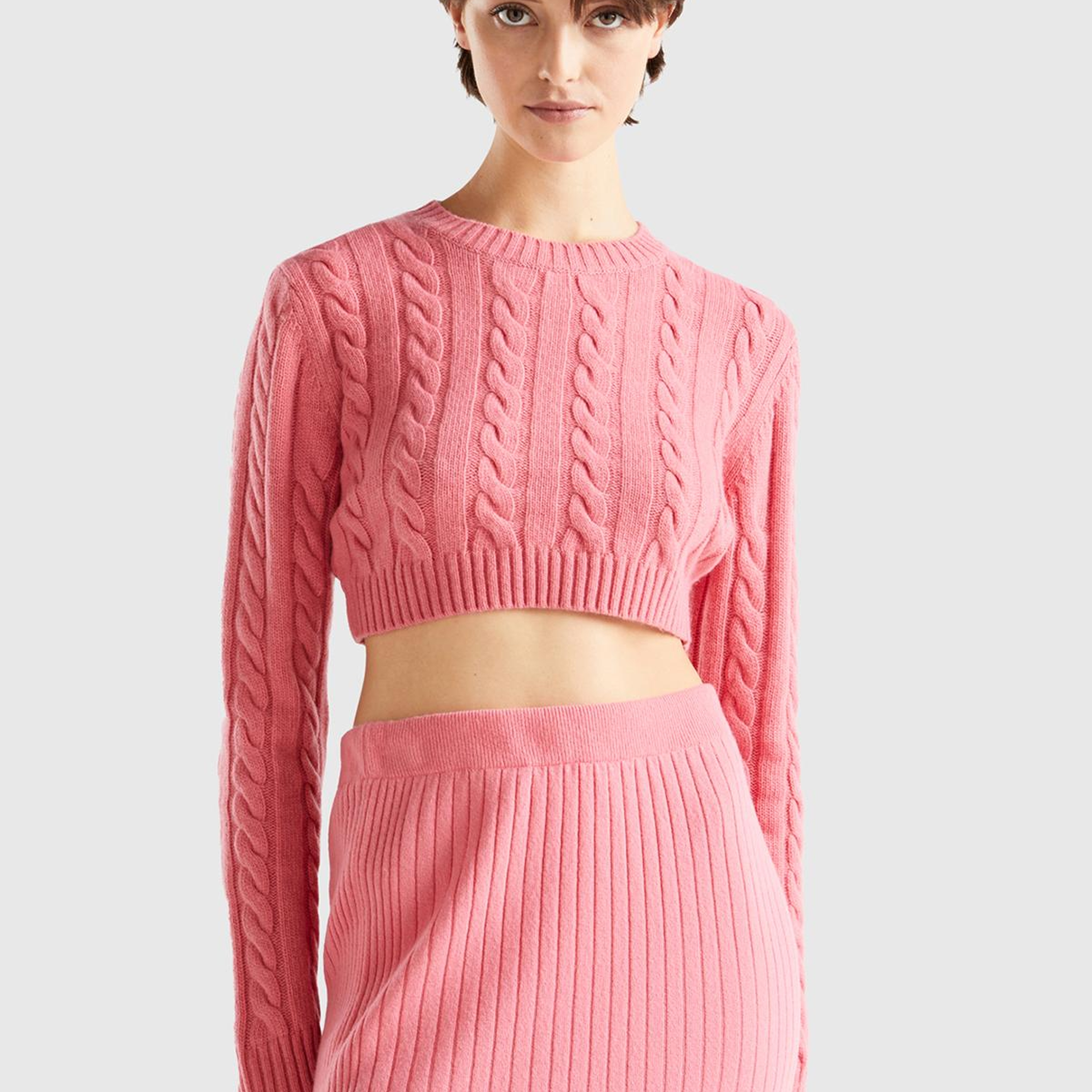 Kadın Gül Kurusu Yün Karışımlı Saç Örgülü Crop Kazak