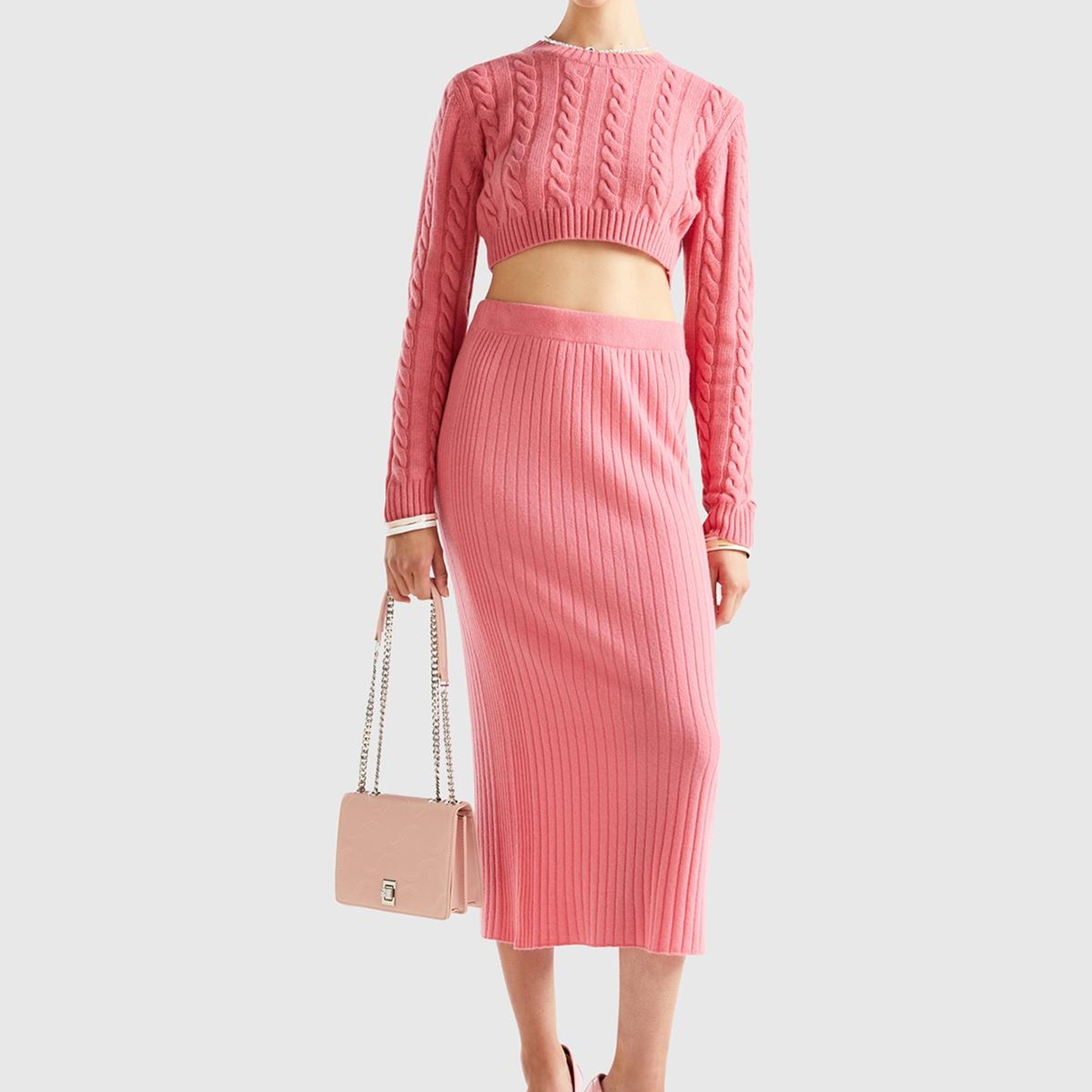 Kadın Gül Kurusu Yün Karışımlı Saç Örgülü Crop Kazak