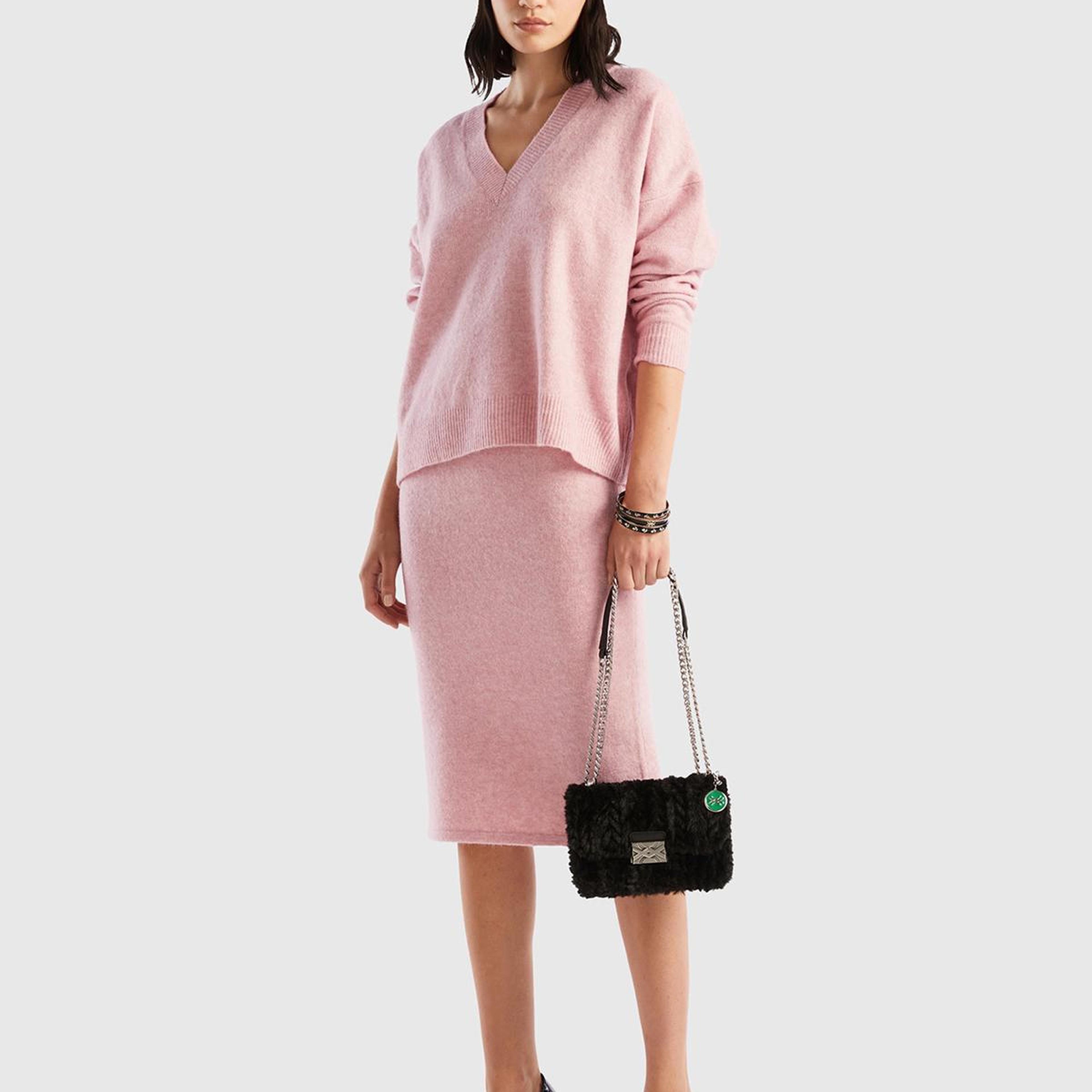 Kadın Gül Kurusu Logolu Midi Boy Triko Etek