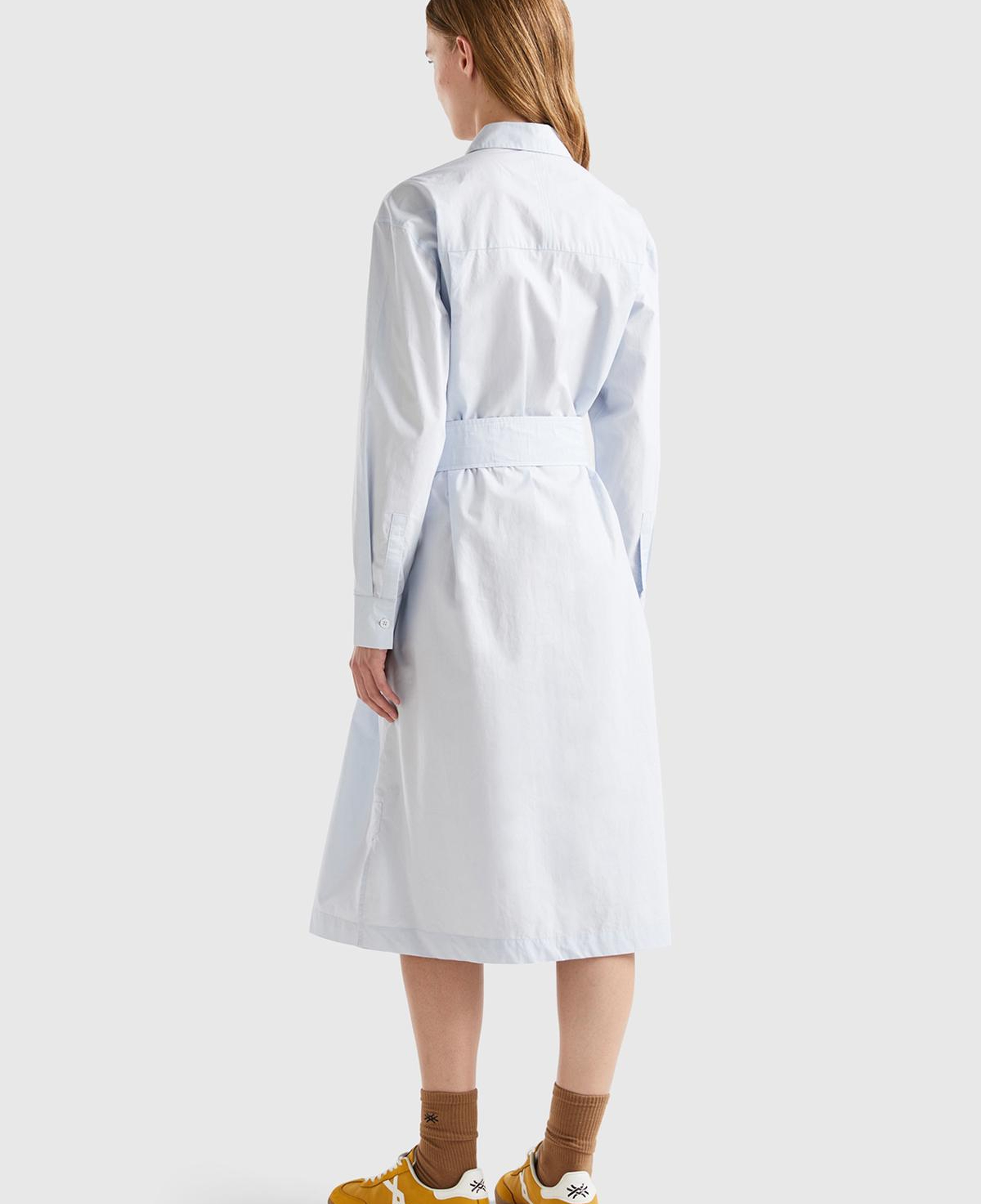 Kadın Soluk Mavi %100 Koton Gömlek Yaka Uzun Kollu Popline Elbise