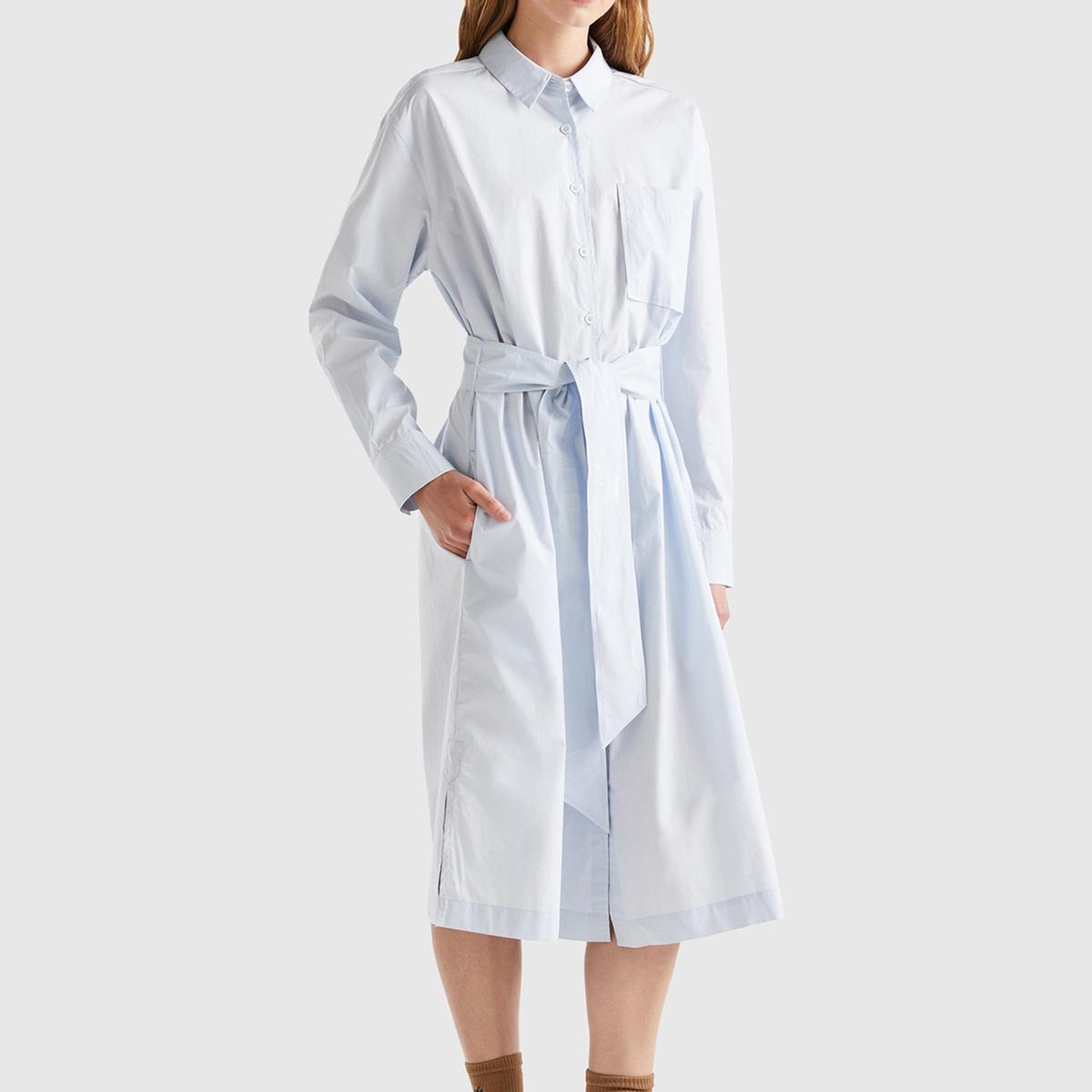 Kadın Soluk Mavi %100 Koton Gömlek Yaka Uzun Kollu Popline Elbise