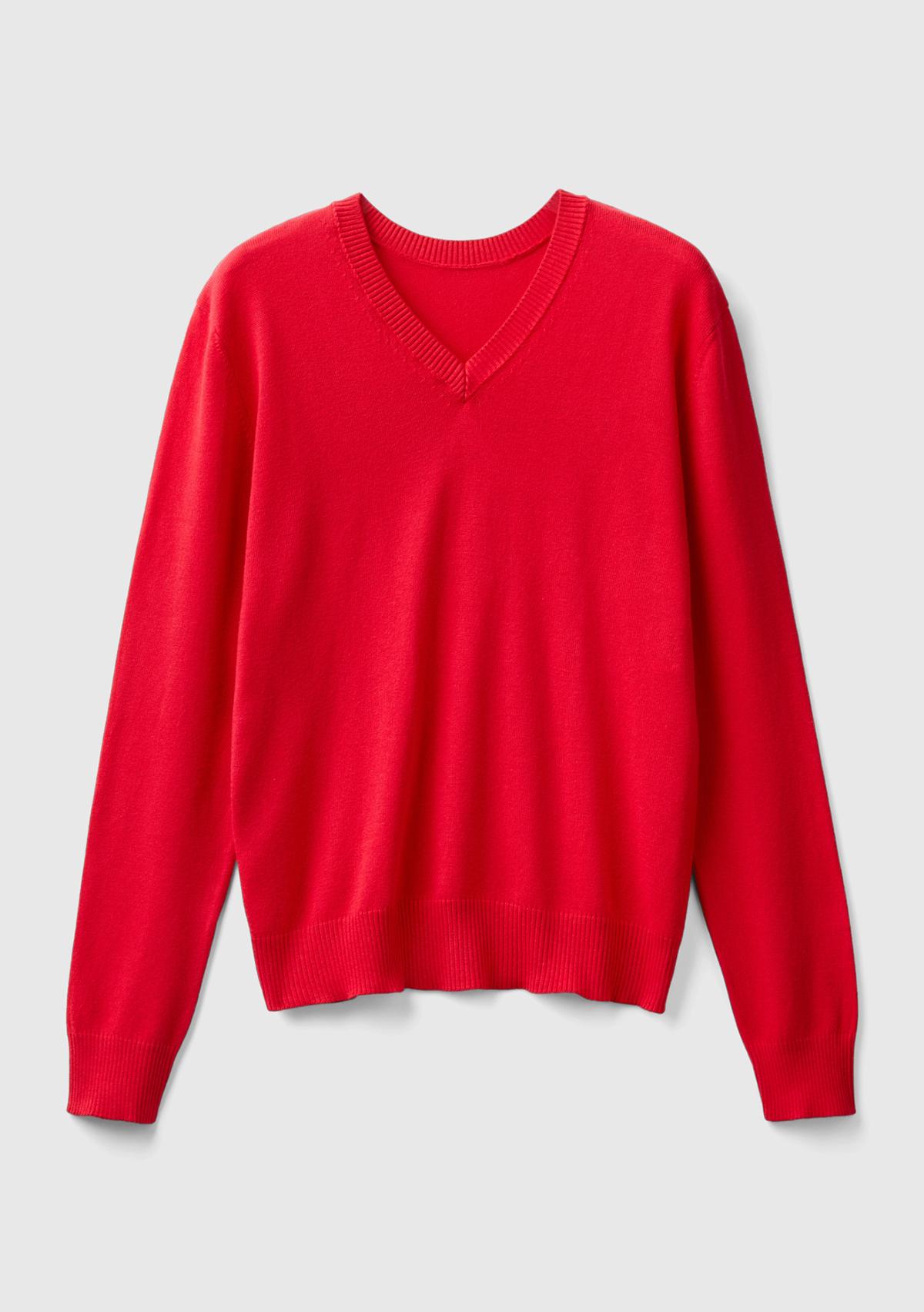 Kadın Kırmızı Pamuk ve Modal Karışımlı Önü V Arkası Yuvarlak Yaka Kazak