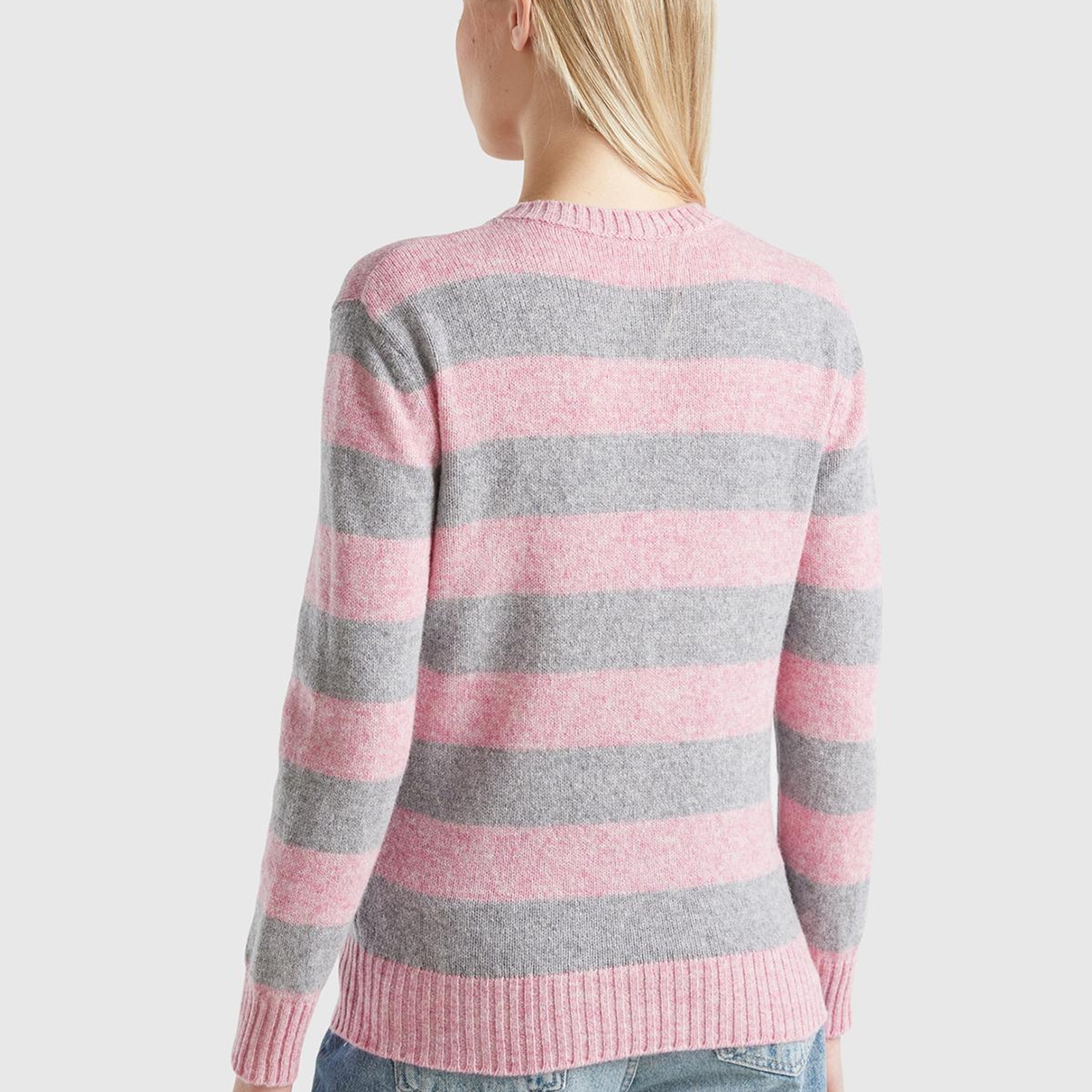 Kadın Pembe Melanj %100 Yün Çizgili Shetland Kazak