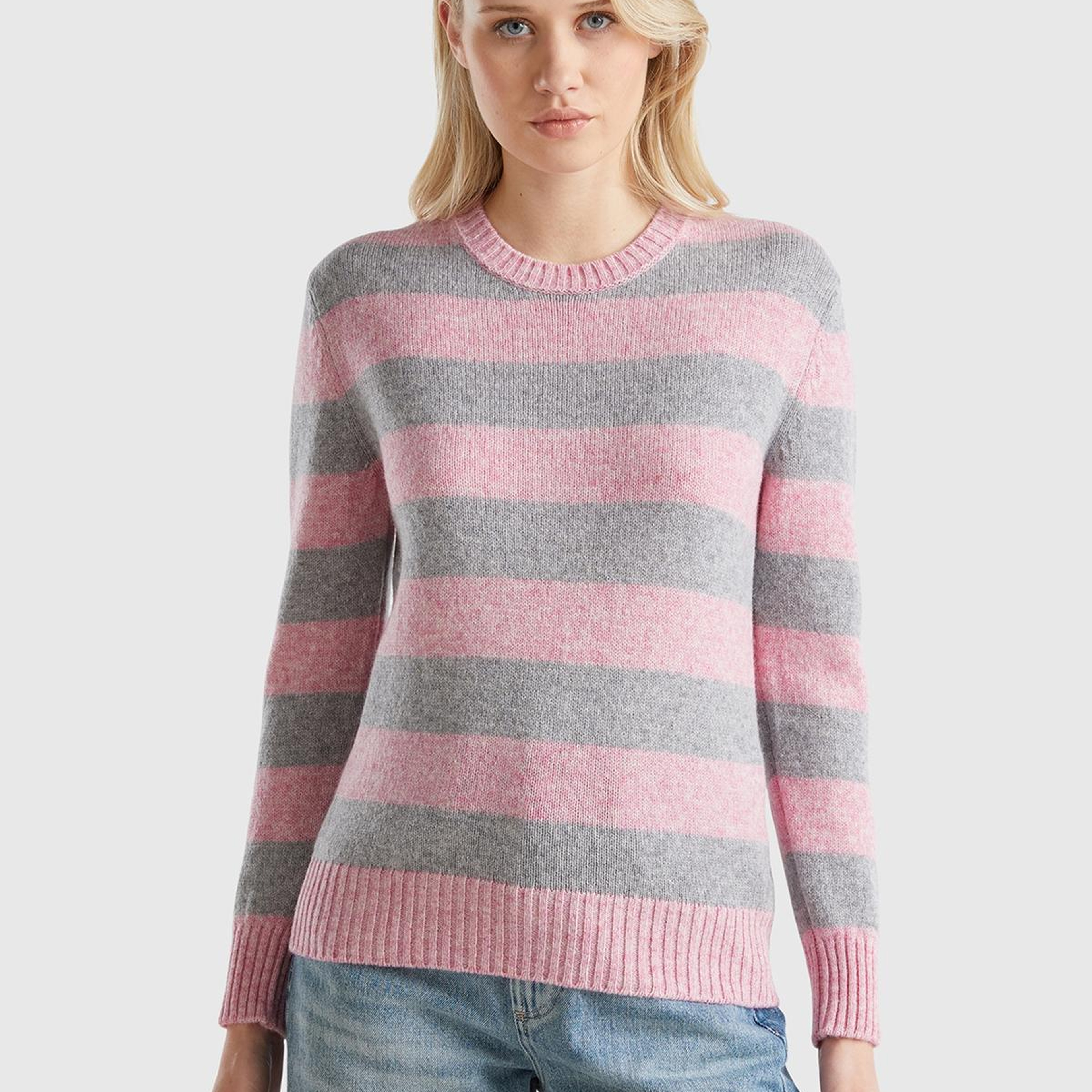 Kadın Pembe Melanj %100 Yün Çizgili Shetland Kazak