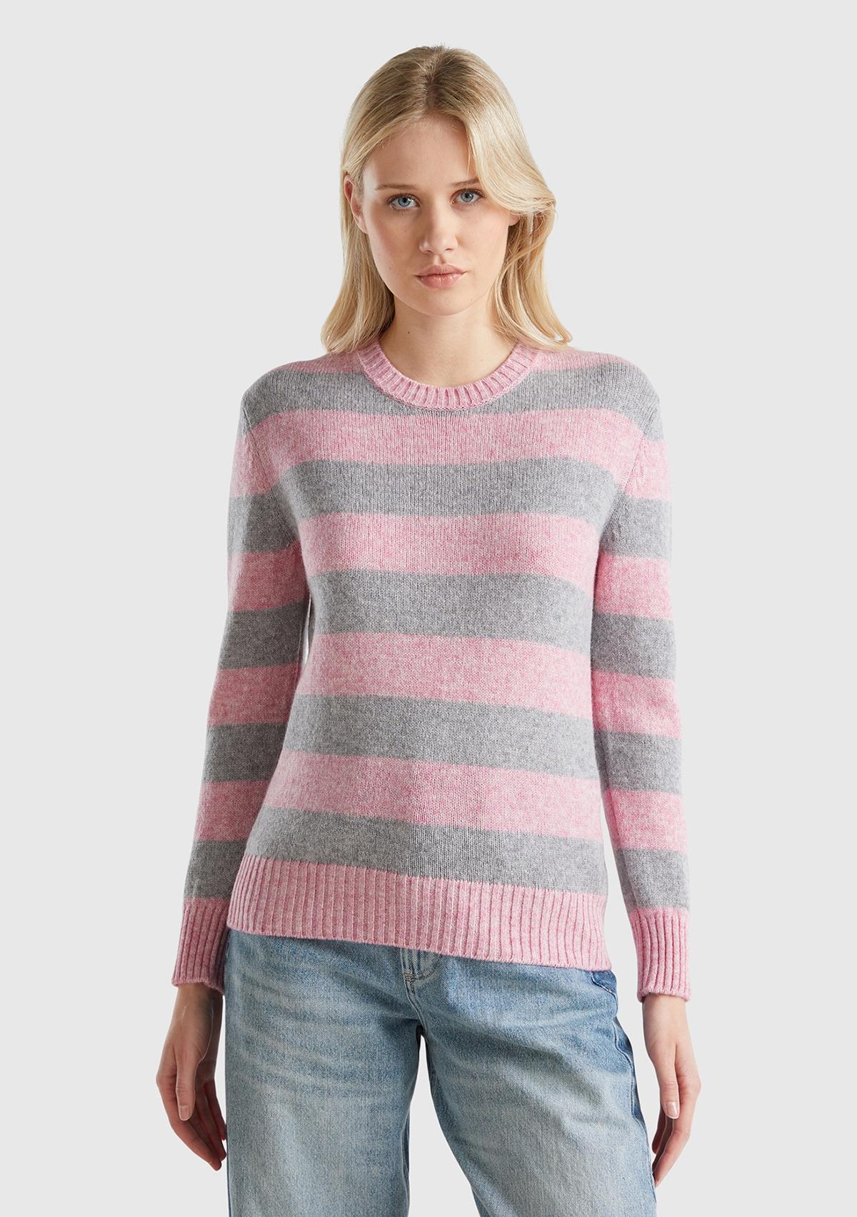 Kadın Pembe Melanj %100 Yün Çizgili Shetland Kazak