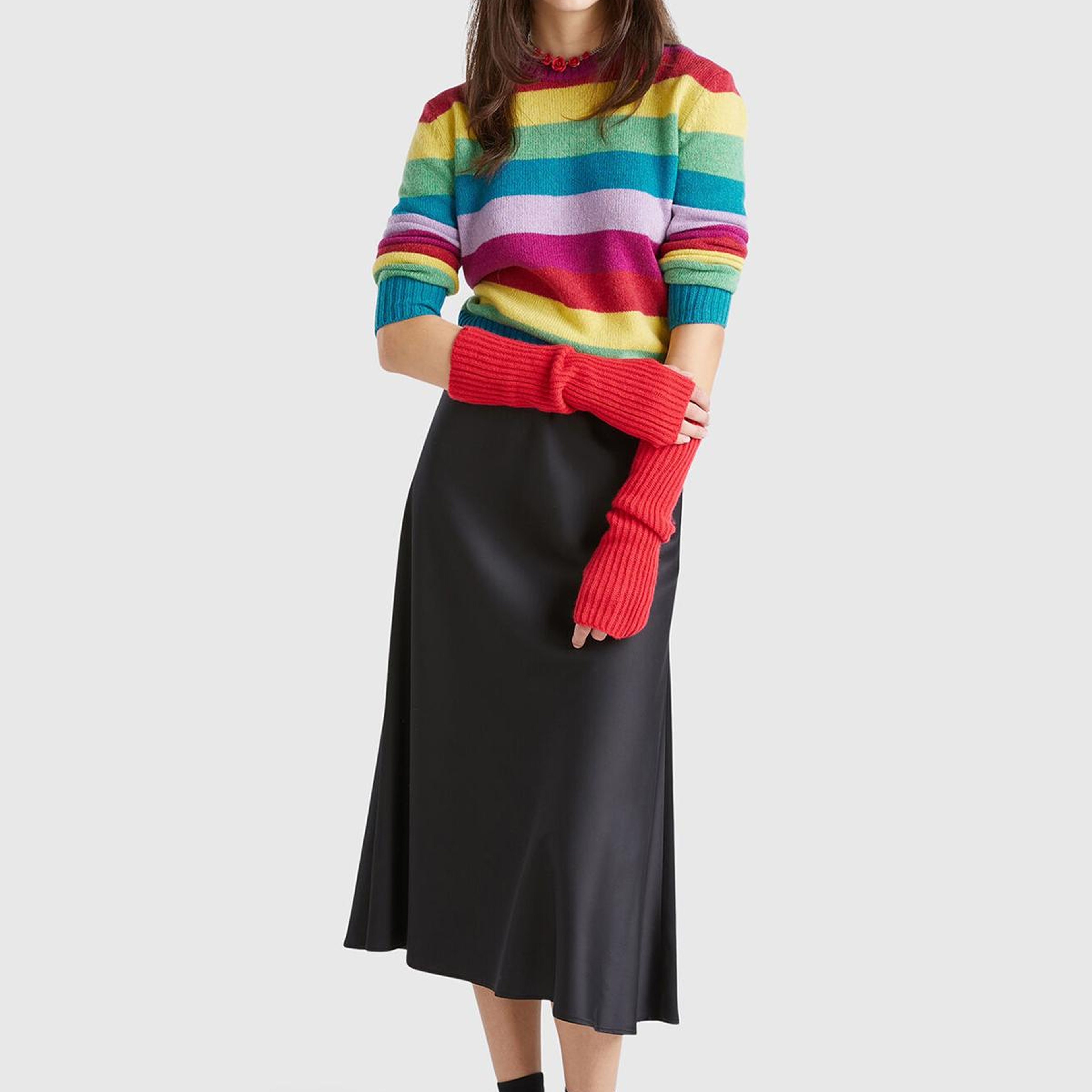 Kadın Çok Renkli %100 Yün Çizgili Shetland Kazak