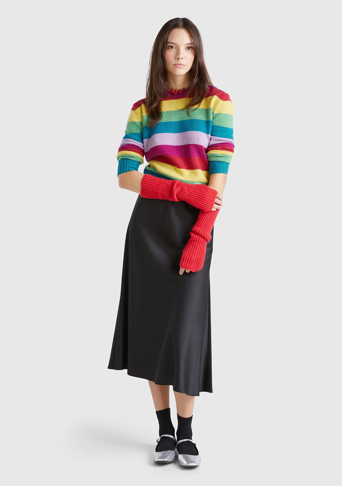 Kadın Çok Renkli %100 Yün Çizgili Shetland Kazak