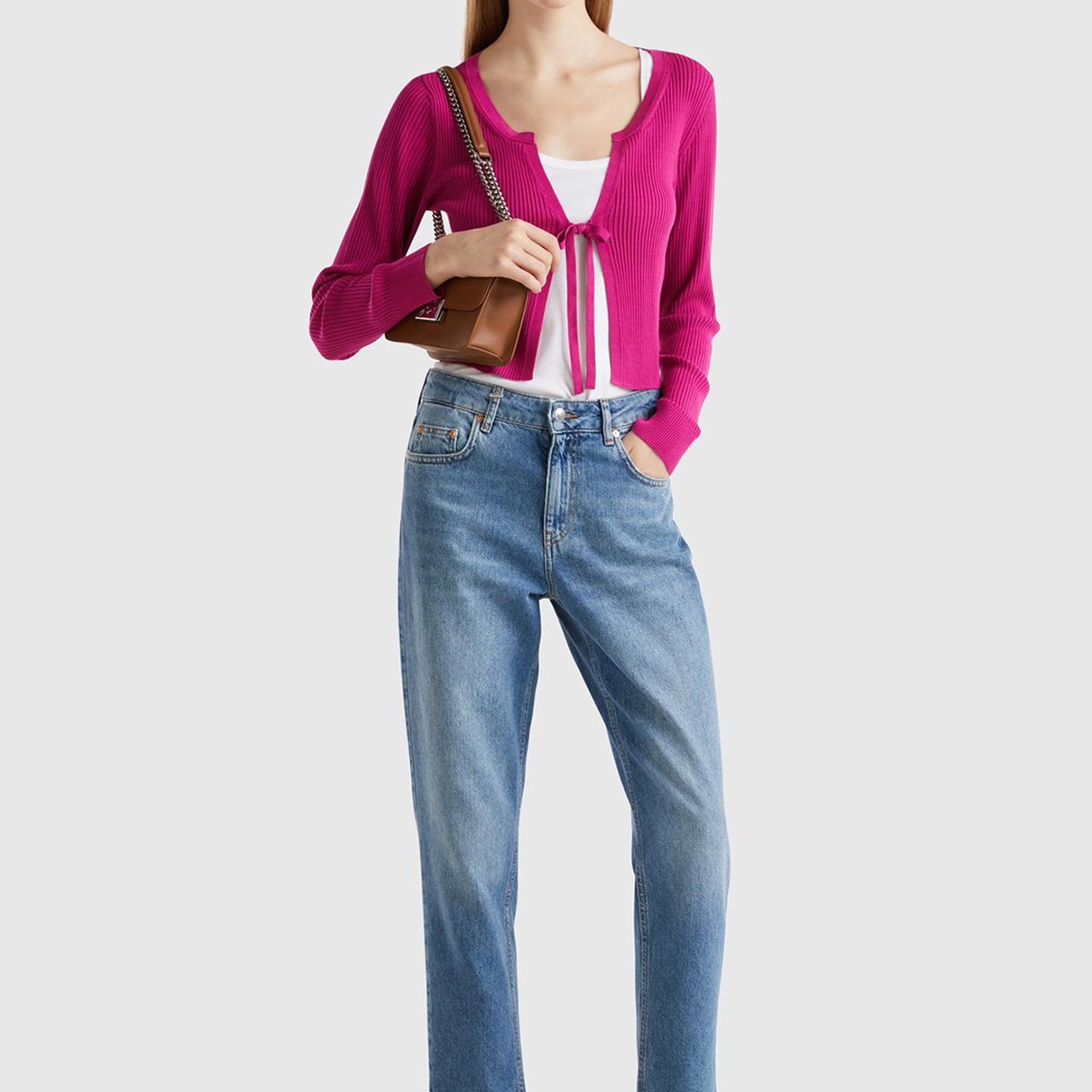 Kadın Fuşya Viskoz Karışımlı Önü Bağlama Detaylı Geniş V Yaka Hırka