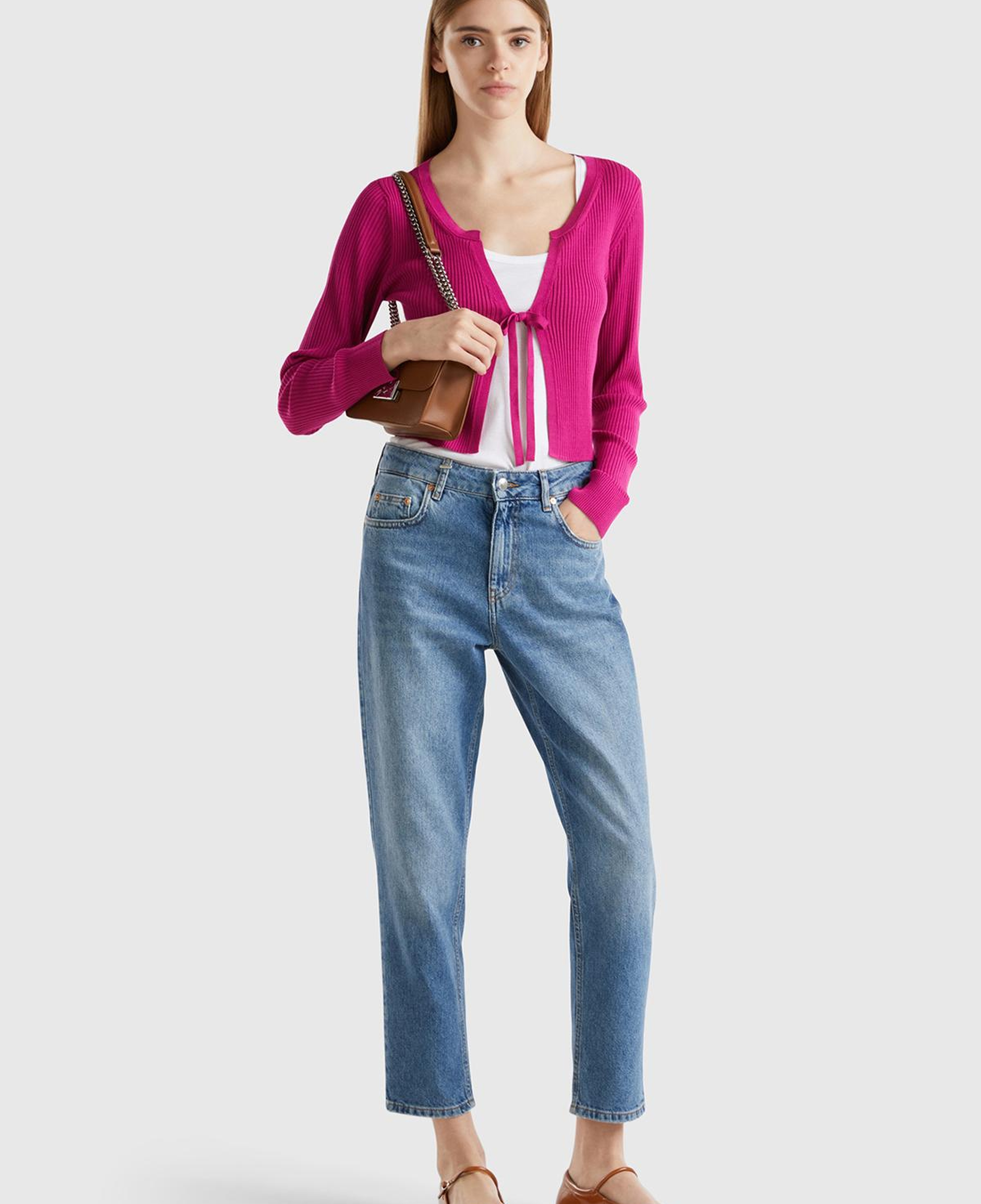 Kadın Fuşya Viskoz Karışımlı Önü Bağlama Detaylı Geniş V Yaka Hırka