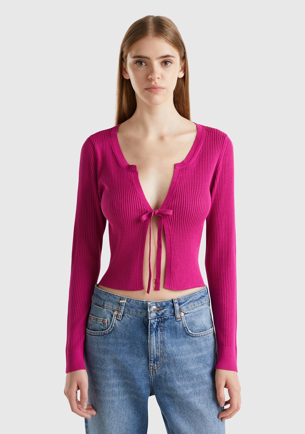 Kadın Fuşya Viskoz Karışımlı Önü Bağlama Detaylı Geniş V Yaka Hırka