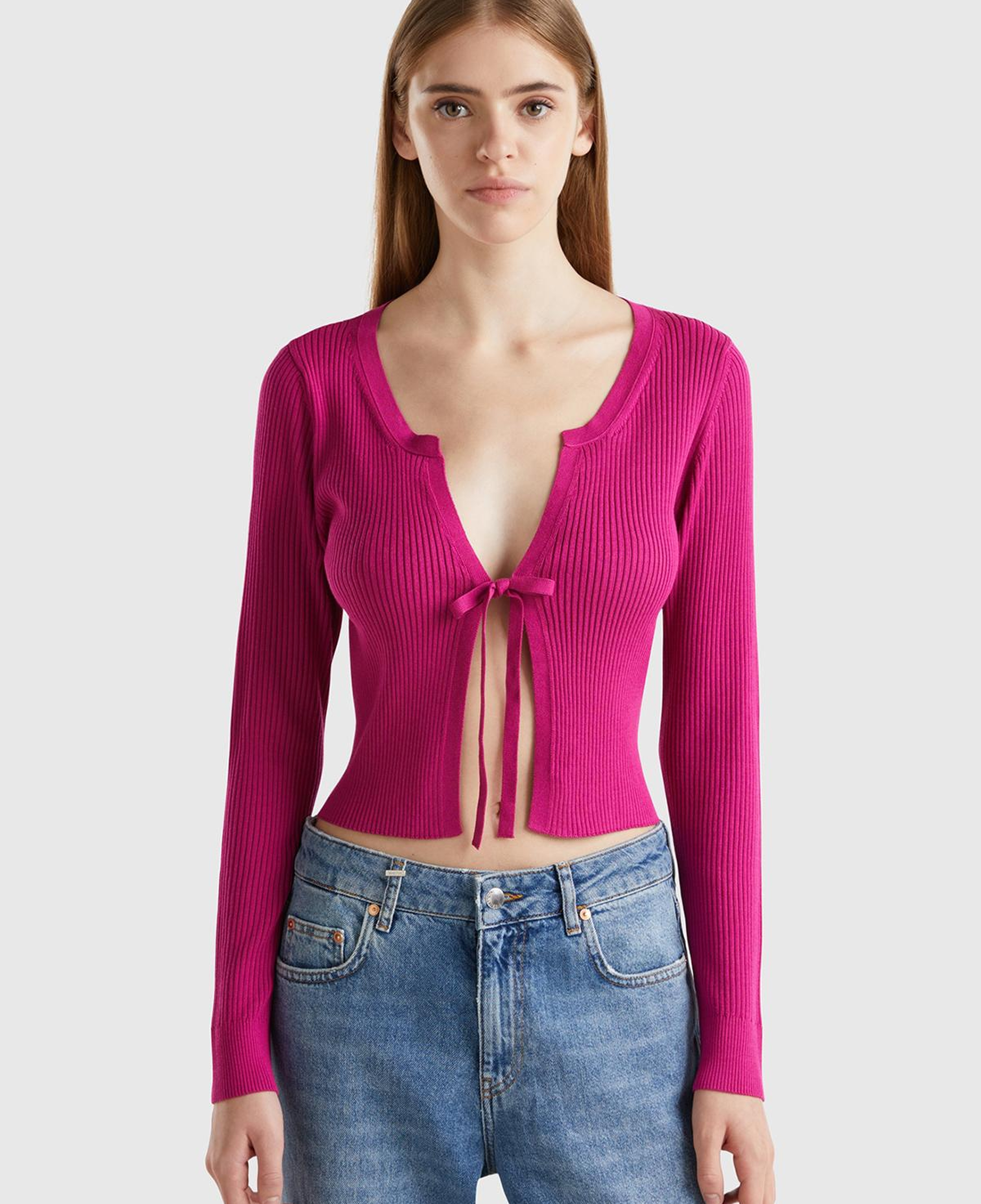 Kadın Fuşya Viskoz Karışımlı Önü Bağlama Detaylı Geniş V Yaka Hırka
