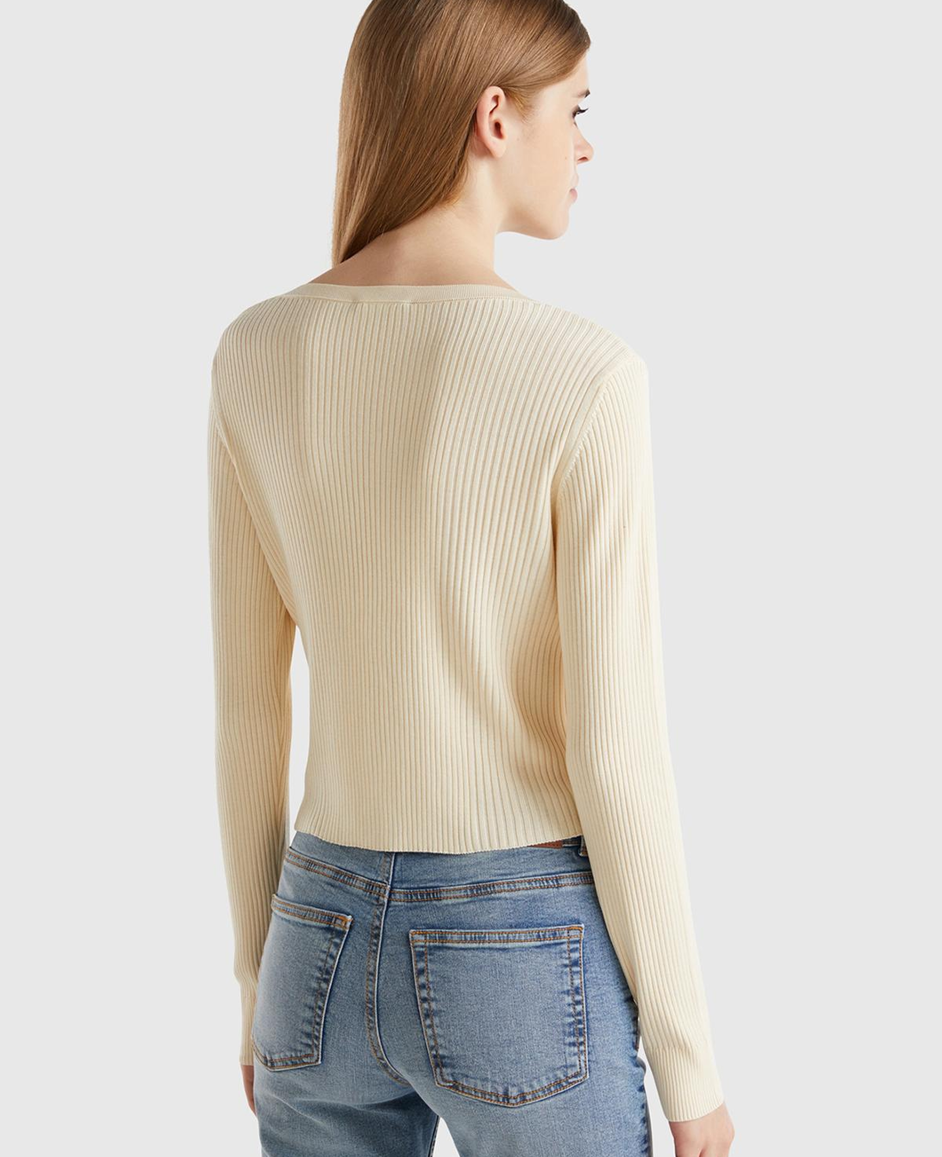 Kadın Krem Viskoz Karışımlı Önü Bağlama Detaylı Geniş V Yaka Hırka