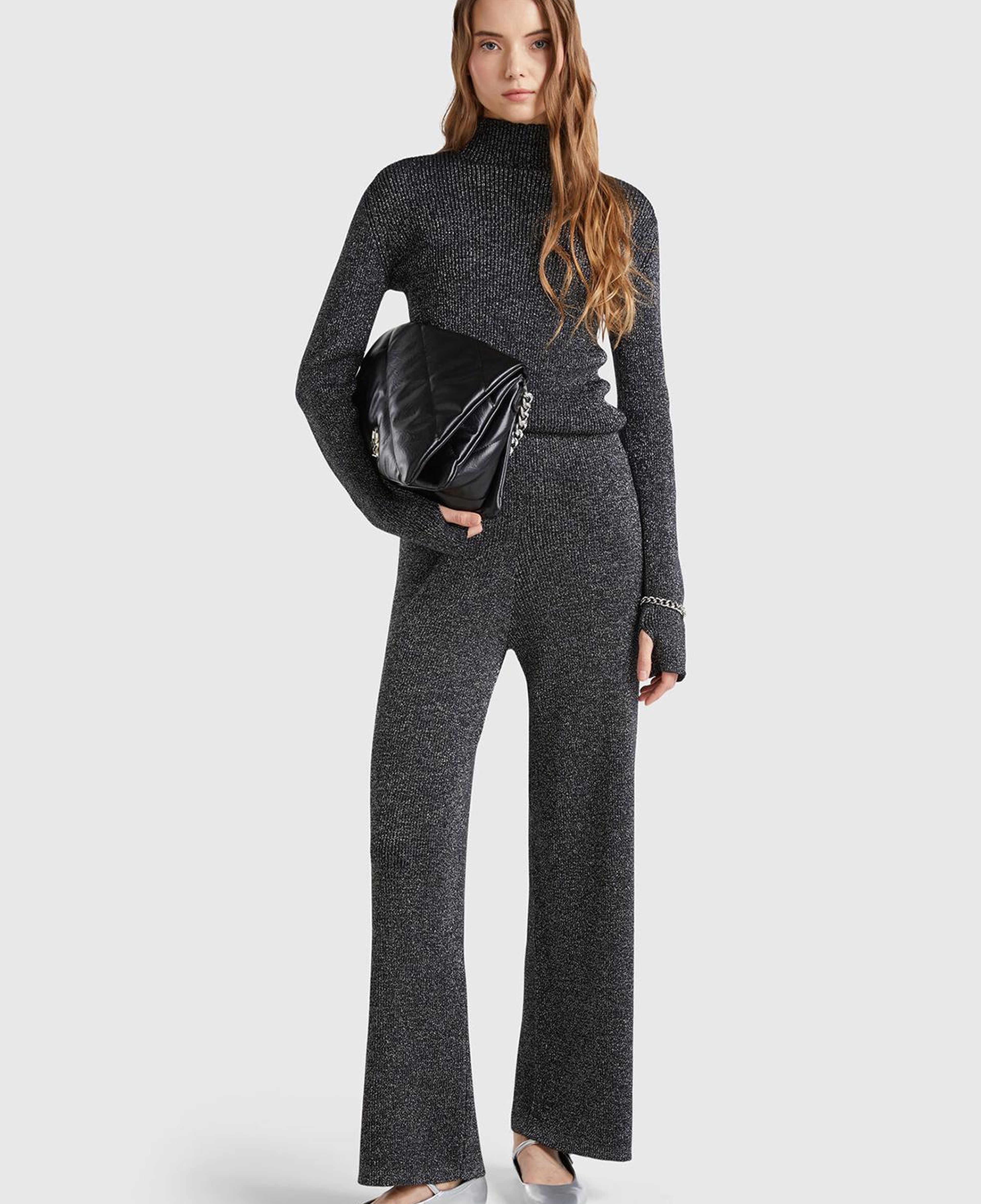 Kadın Gümüş Pamuk ve Viskoz Karışımlı Simli Palazzo Pantolon