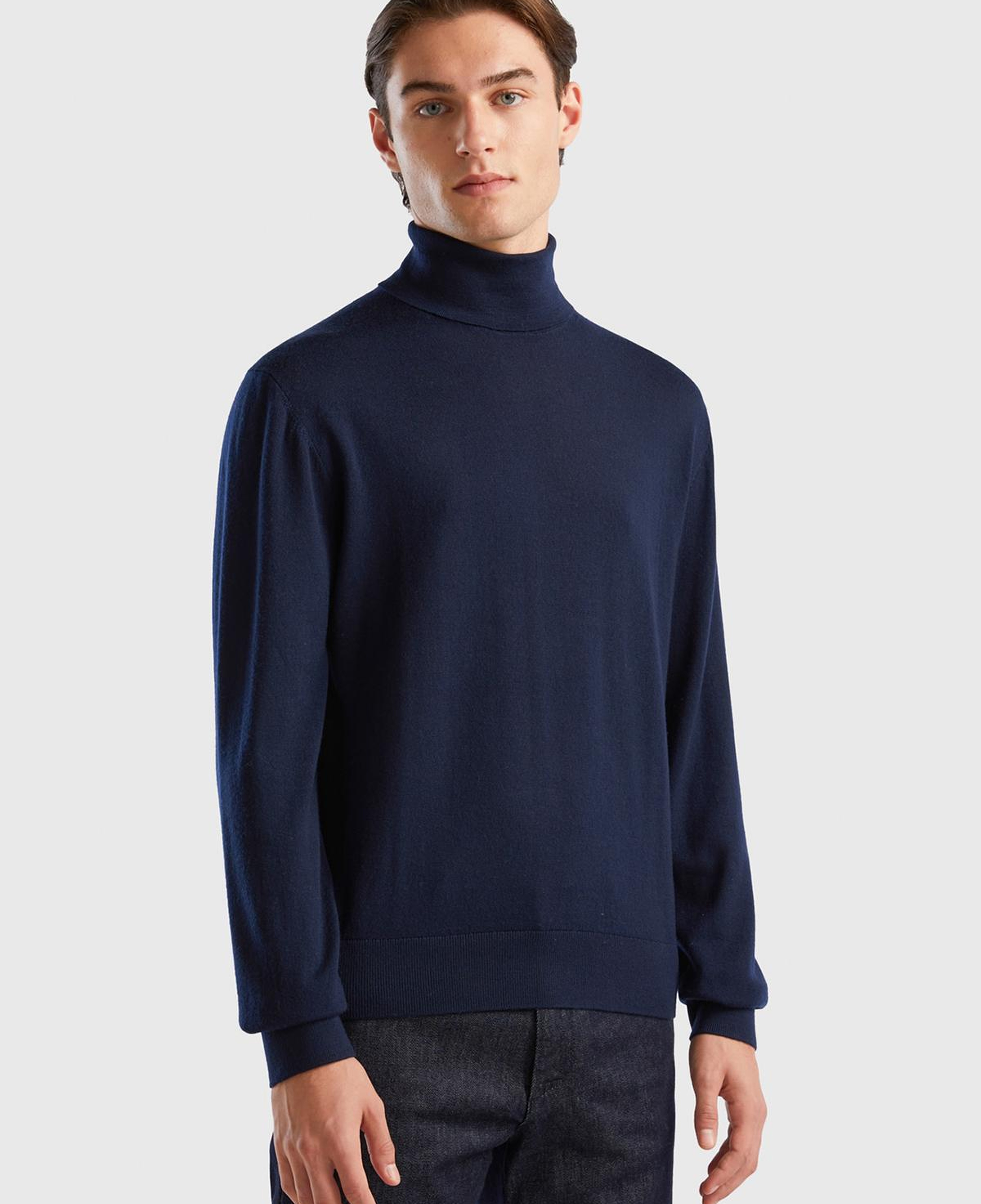 Erkek Lacivert %100 Extra Fine Merino Dik Yaka Kazak