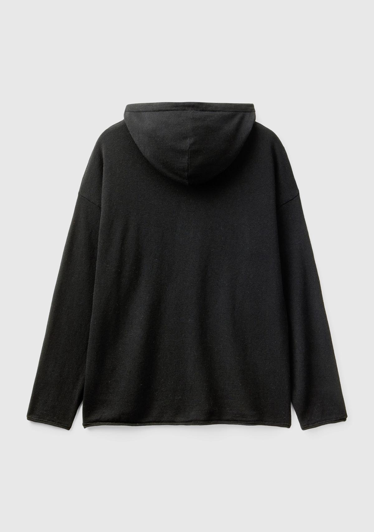 Kadın Siyah Kaşmir Karışımlı Kapşonlu Kazak