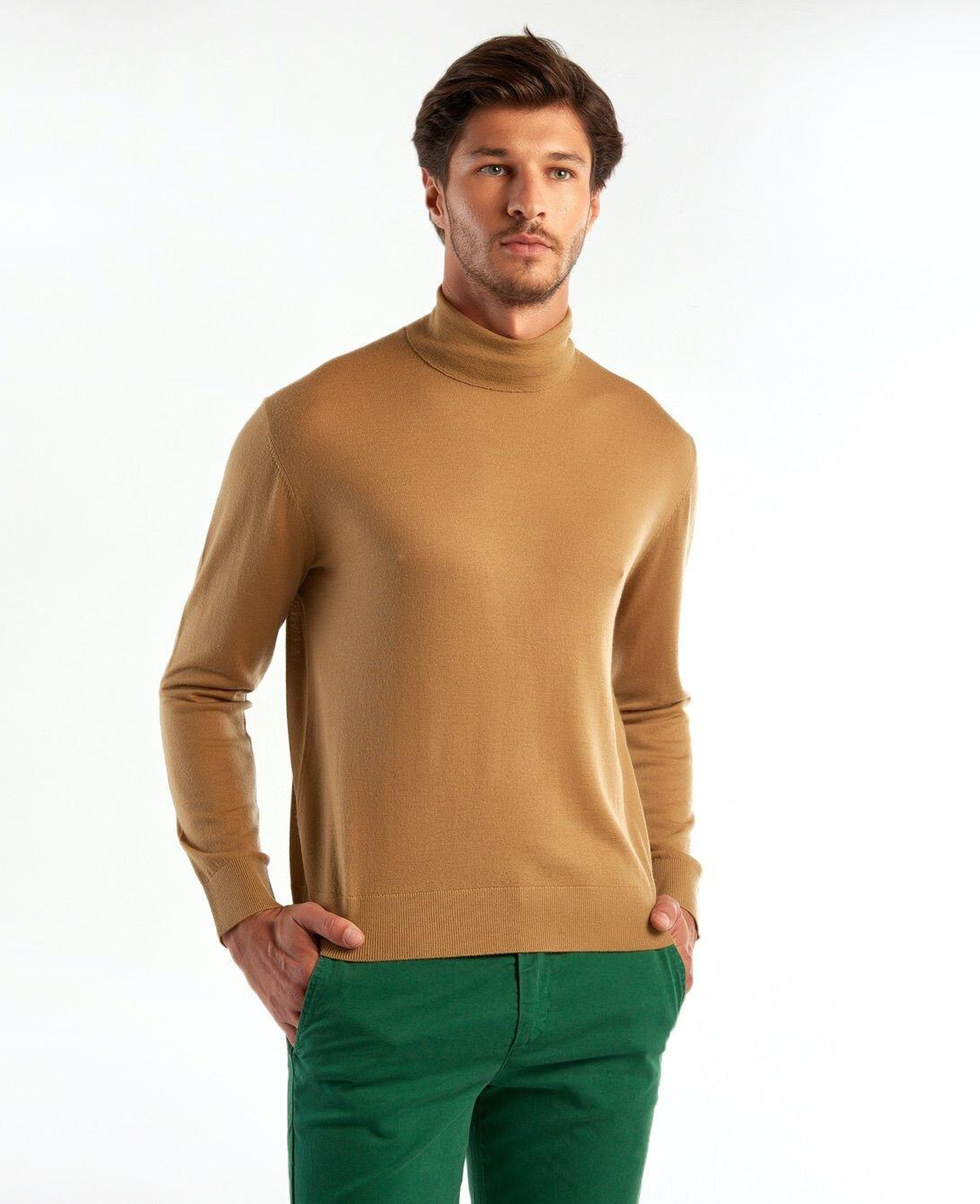 Erkek Taba %100 Extra Fine Merino Dik Yaka Kazak