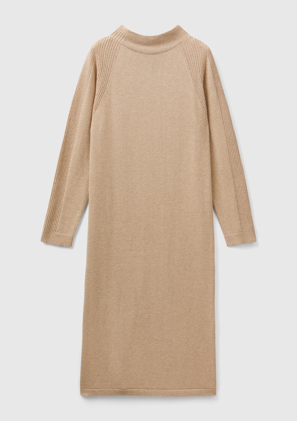 Kadın Bej Yün ve Kaşmir Karışımlı Uzun Dik Yaka Elbise