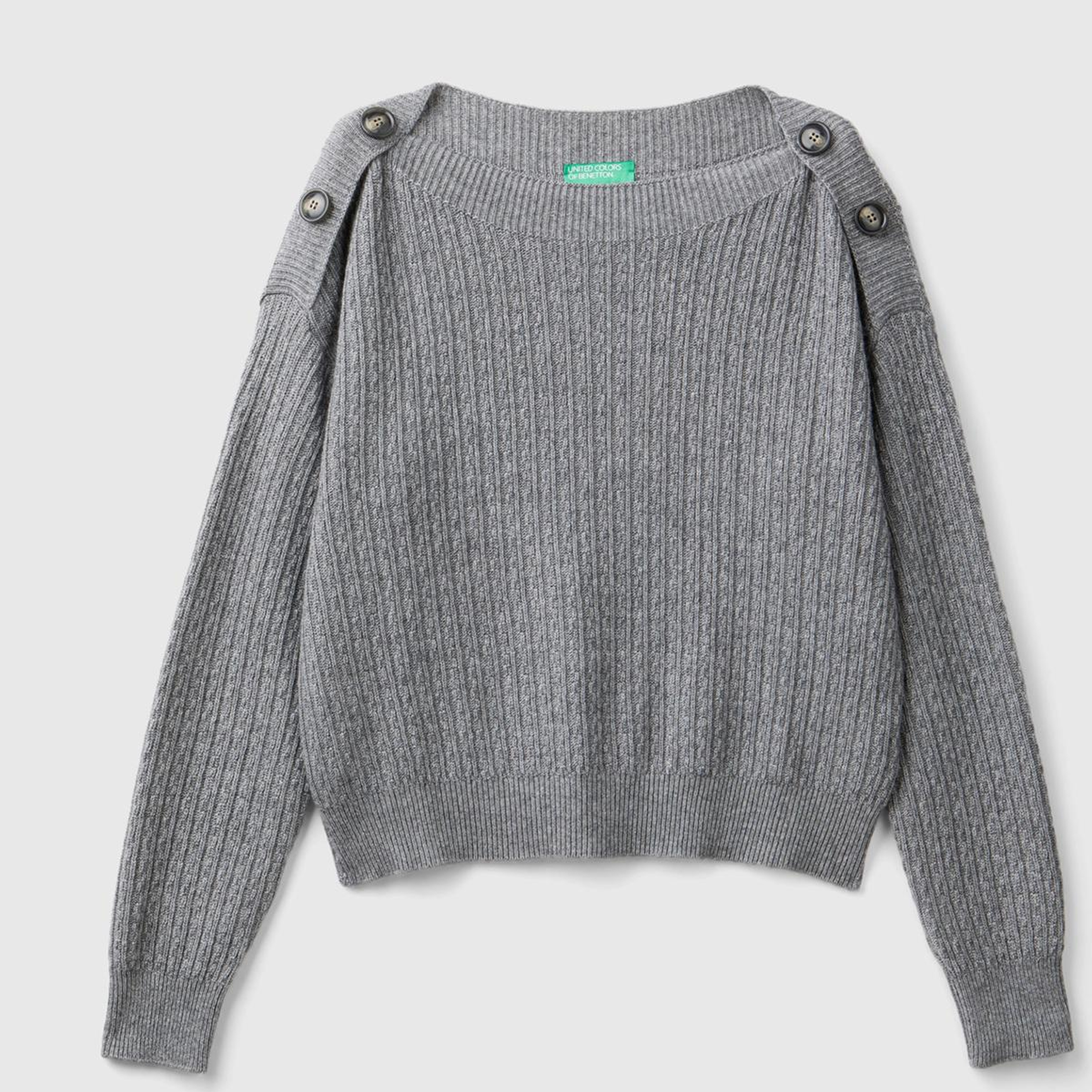 Kadın Gri Yün Karışımlı Omzu Dekoratif Düğmeli Kayık Yaka Kazak