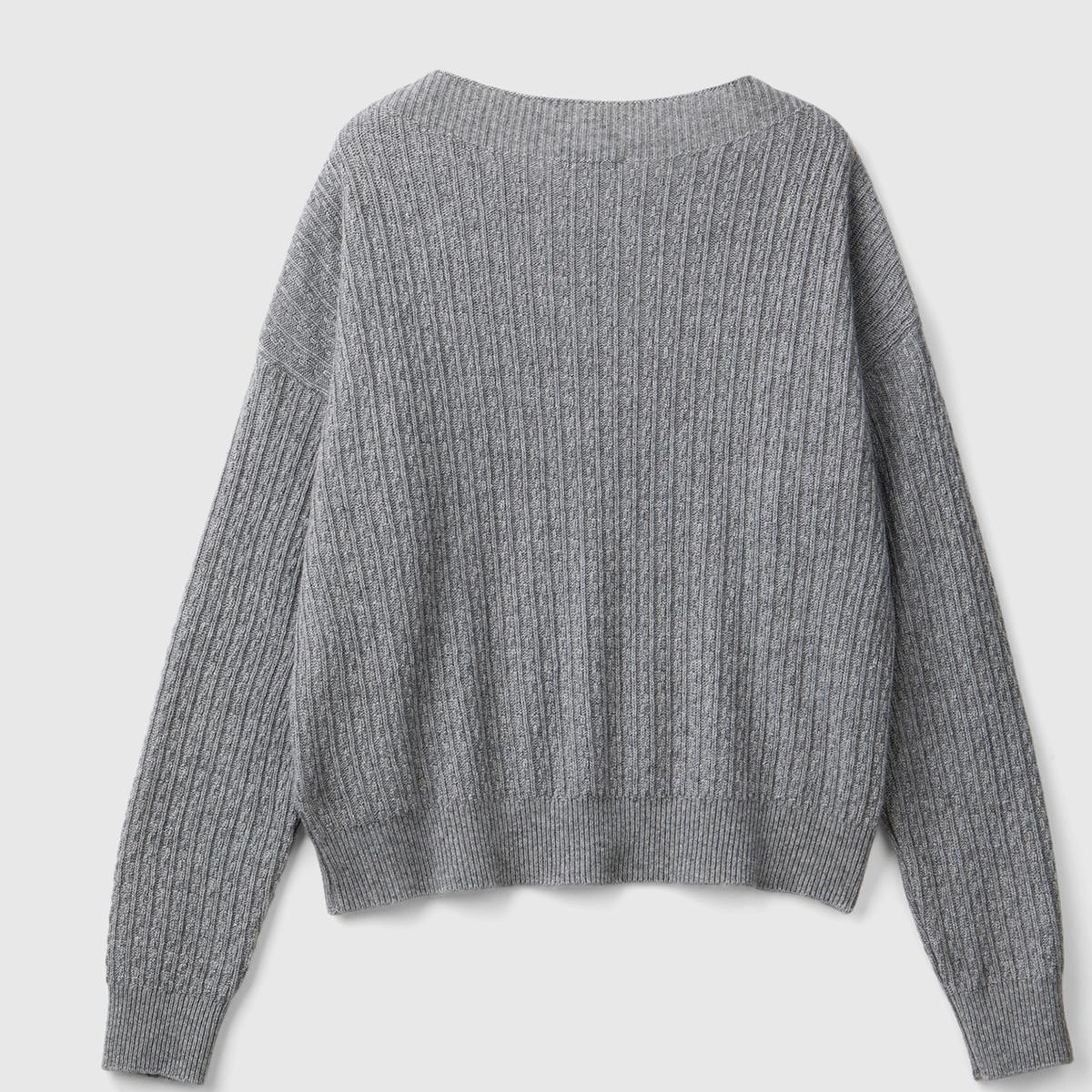 Kadın Gri Yün Karışımlı Omzu Dekoratif Düğmeli Kayık Yaka Kazak