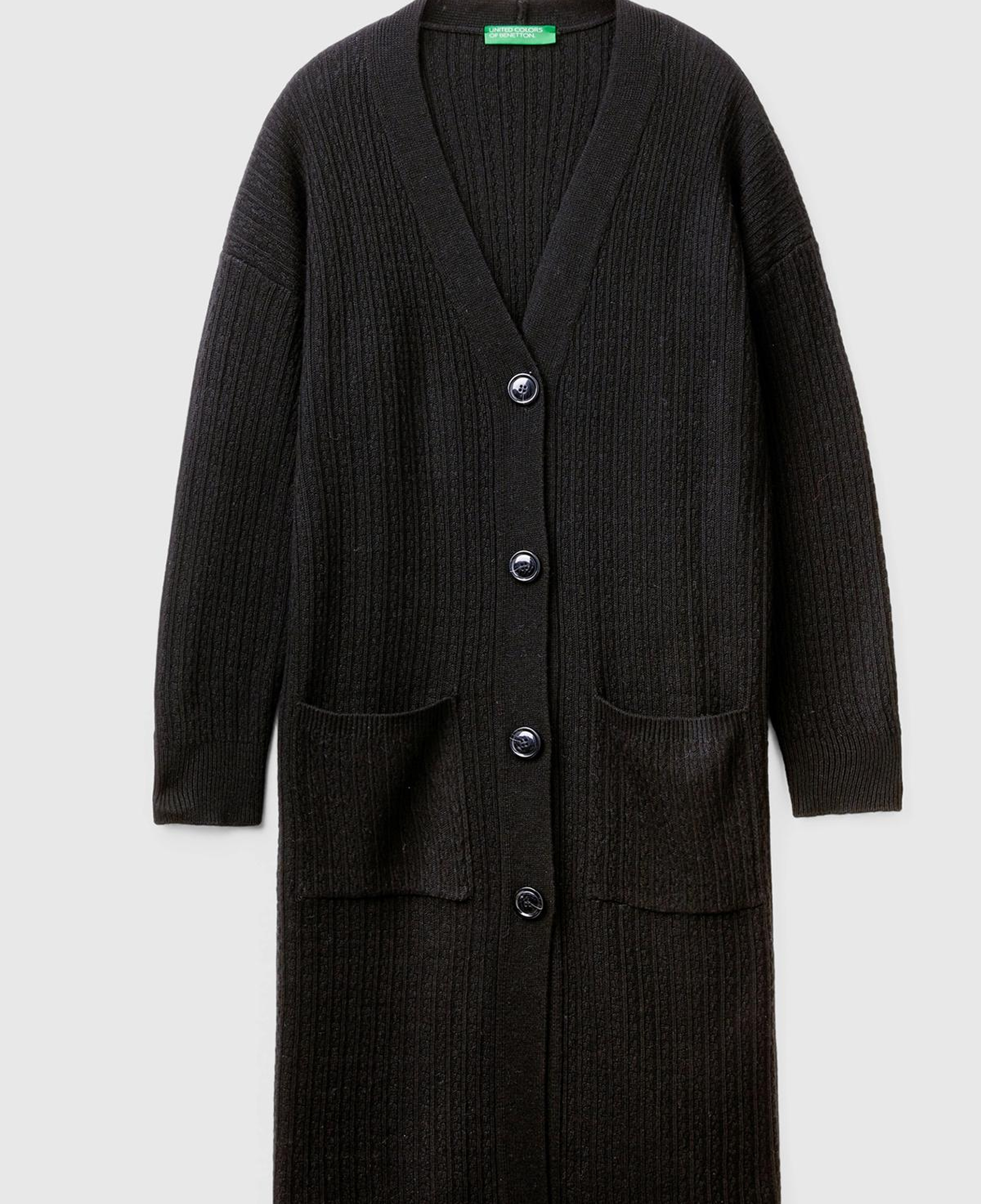 Kadın Siyah Yün Karışımlı Önü Düğme Detaylı Cepli Uzun V Yaka Hırka