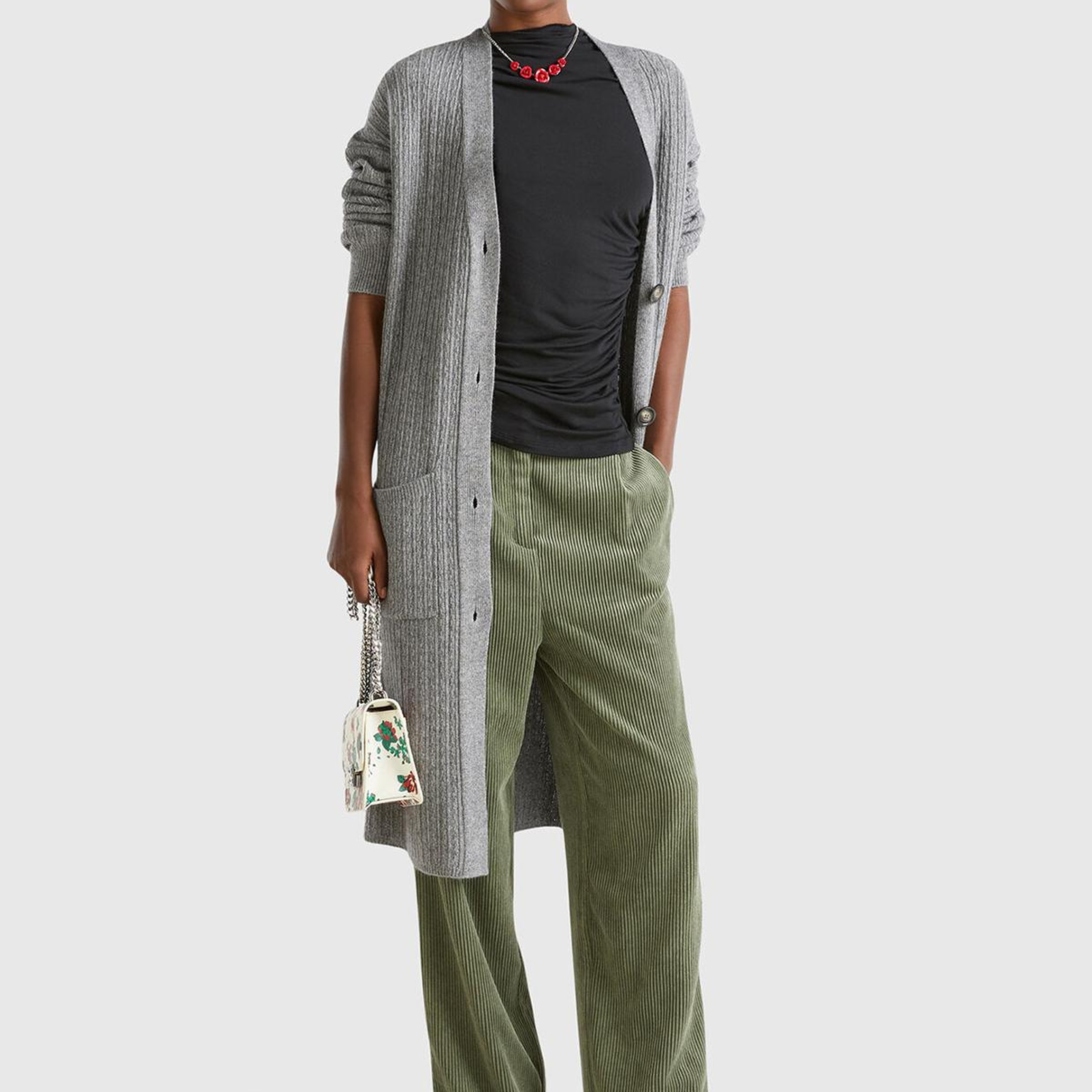 Kadın Gri Yün Karışımlı Önü Düğme Detaylı Cepli Uzun V Yaka Hırka