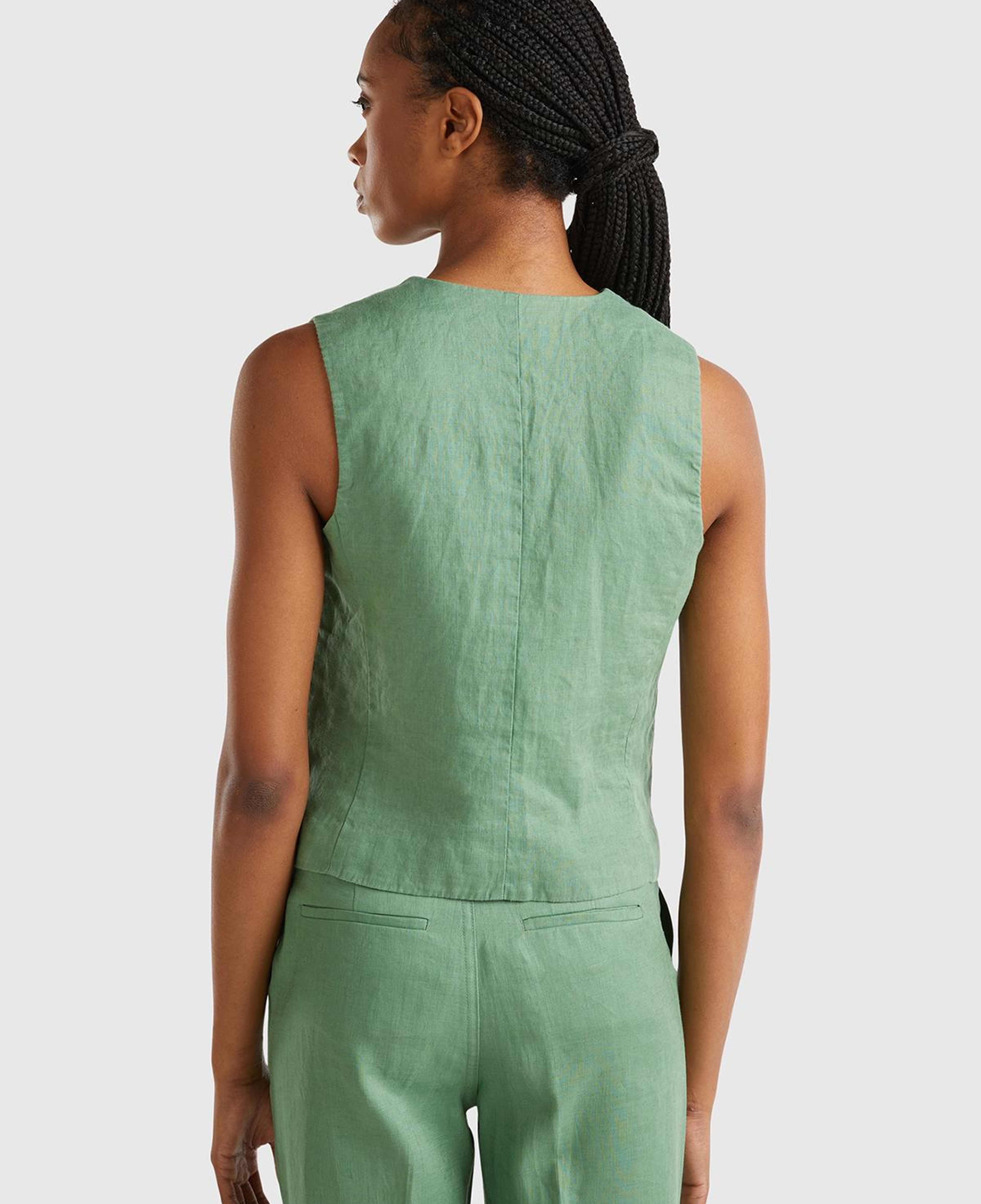 Kadın Mint Yeşili %100 Keten Önü Düğme İliklemeli V Yaka Yelek