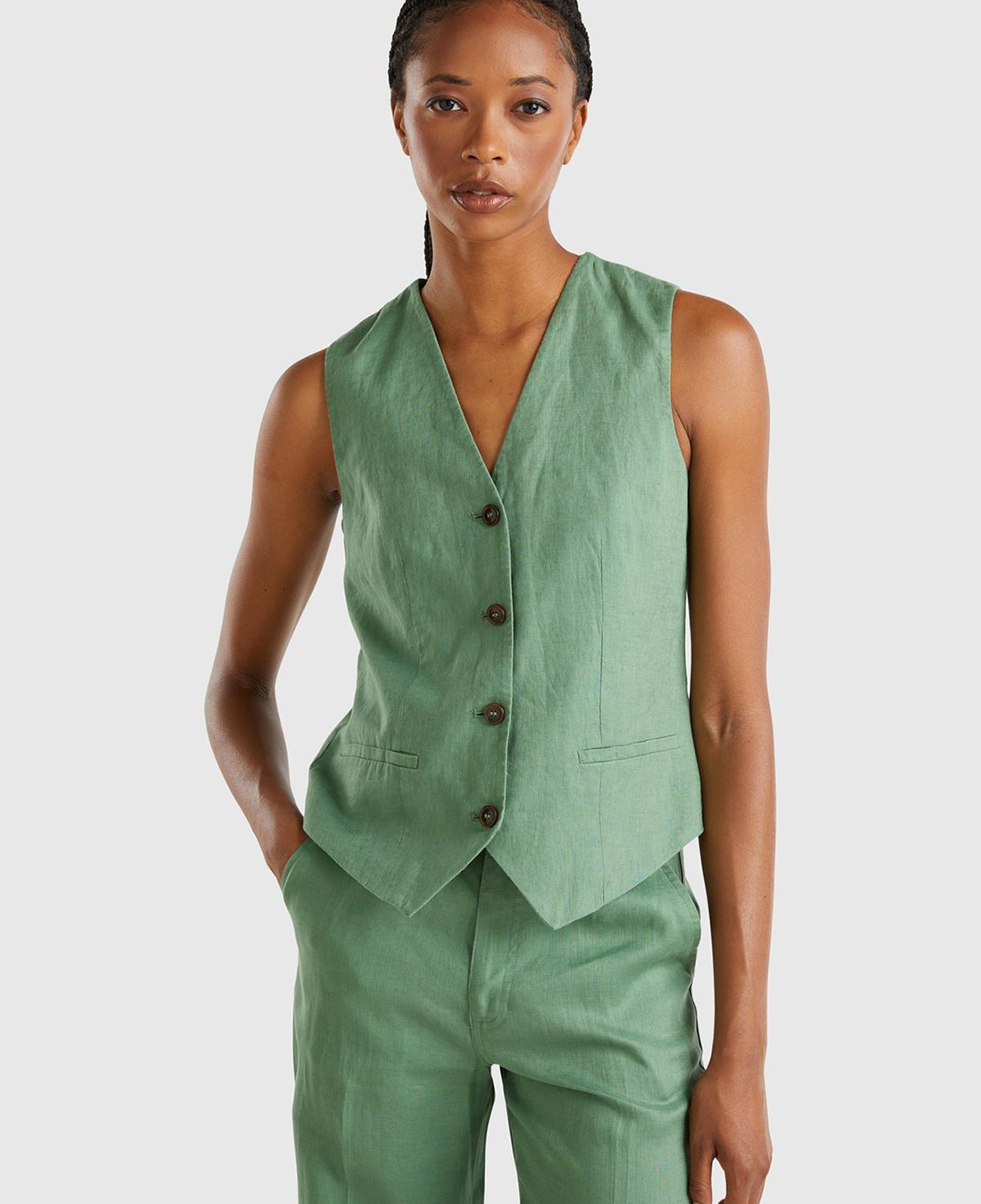 Kadın Mint Yeşili %100 Keten Önü Düğme İliklemeli V Yaka Yelek