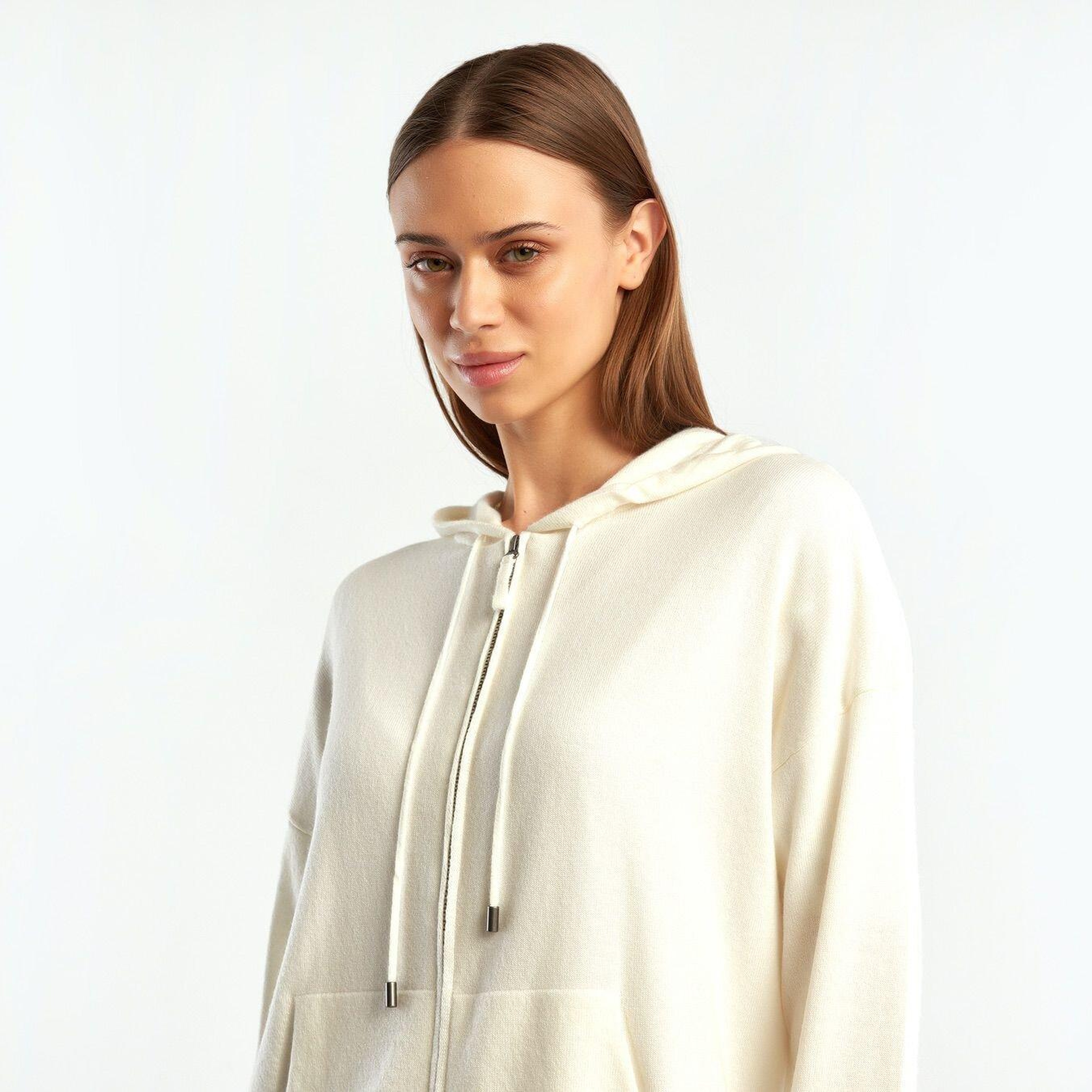 Kadın Krem Kapüşonlu Kaşmir Karışımlı Triko Eşofman Üstü