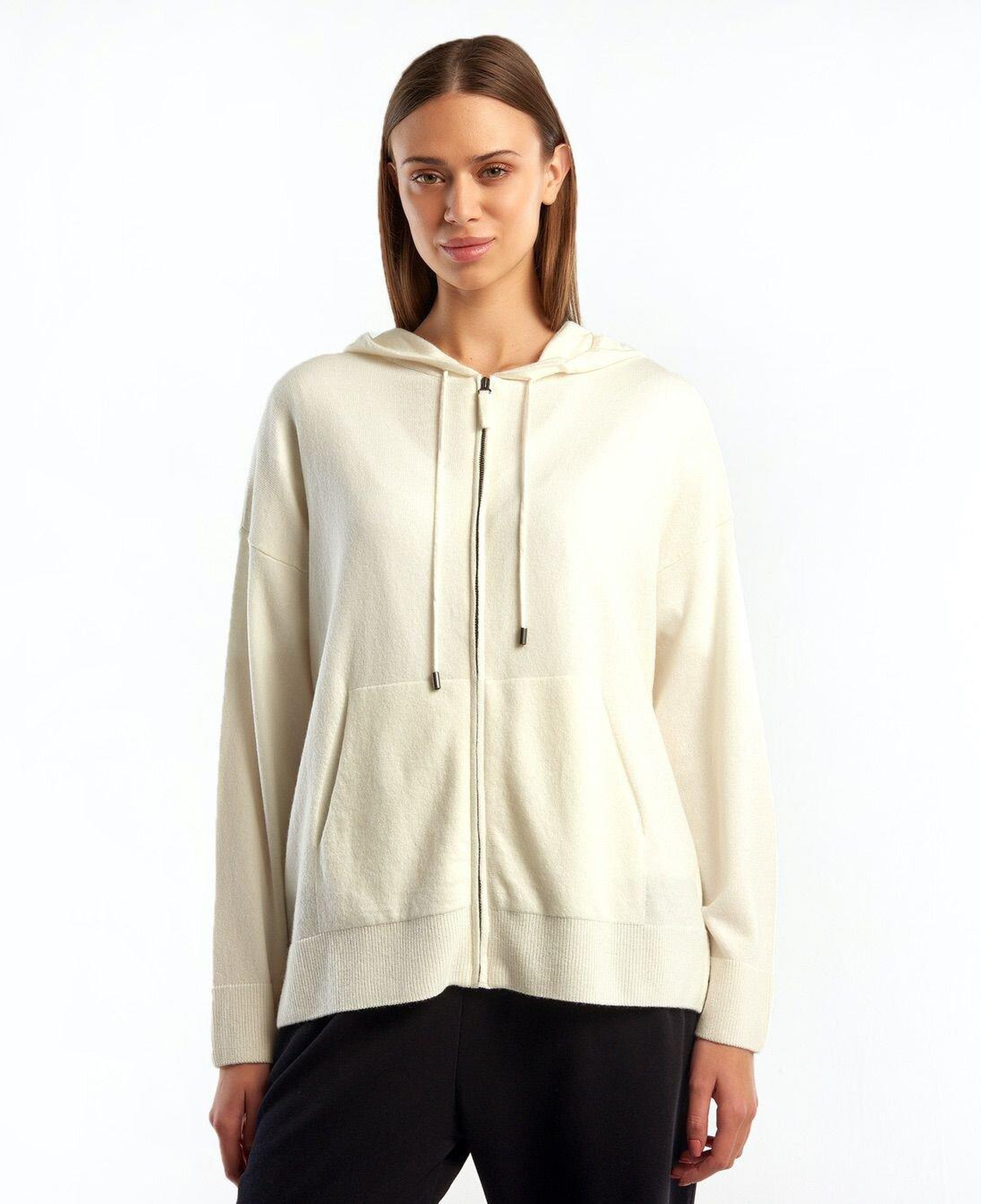 Kadın Krem Kapüşonlu Kaşmir Karışımlı Triko Eşofman Üstü