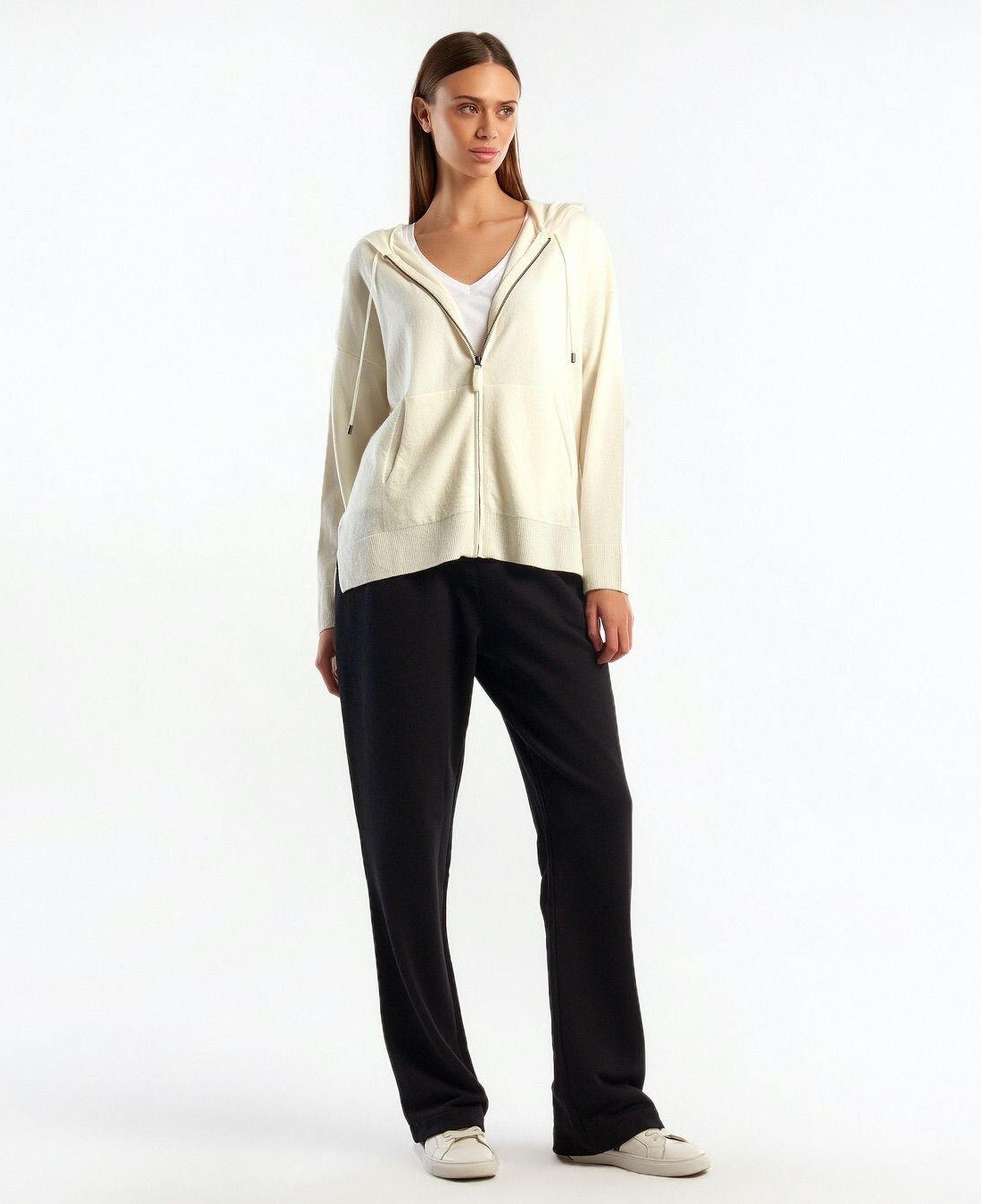 Kadın Krem Kapüşonlu Kaşmir Karışımlı Triko Eşofman Üstü