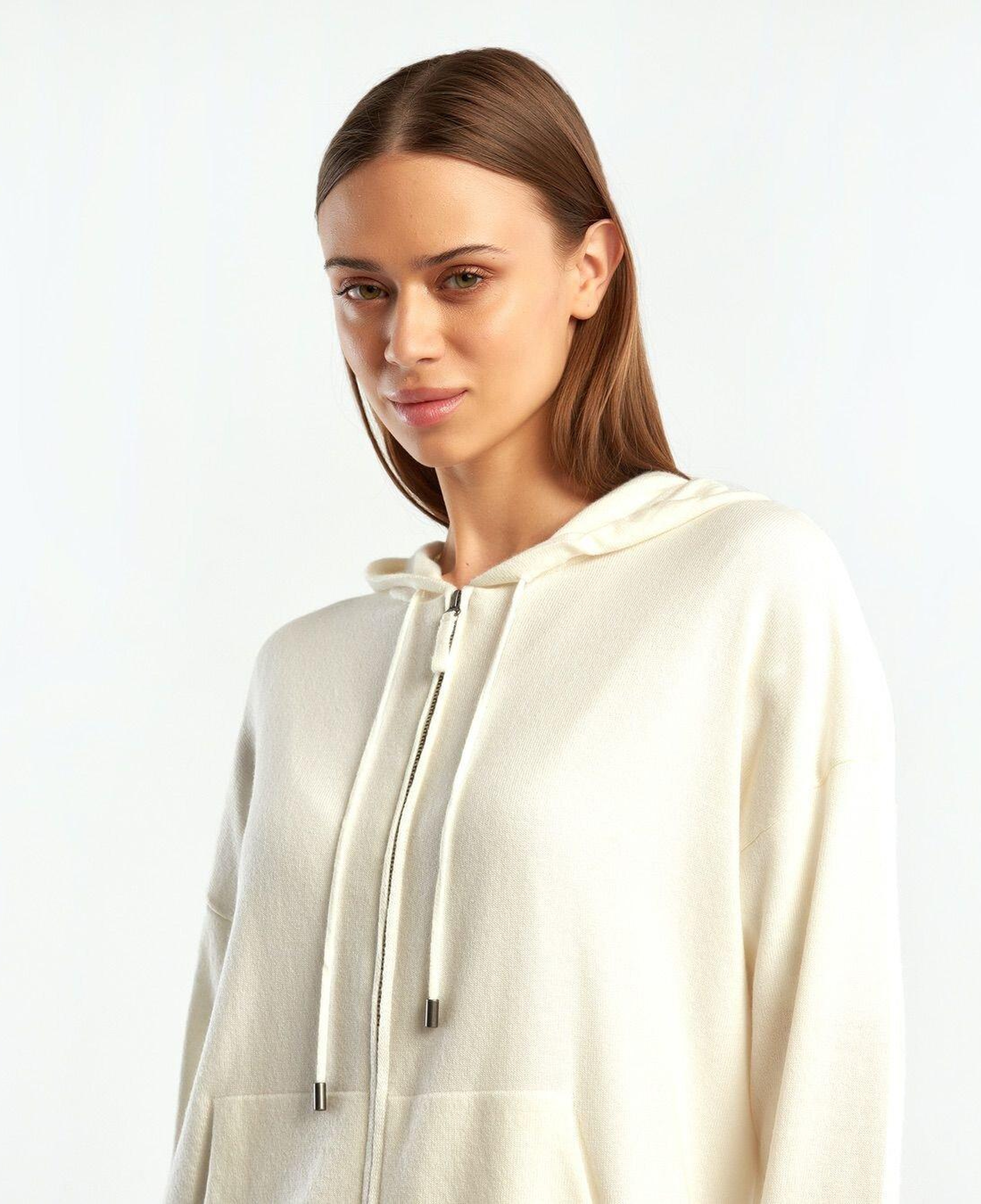 Kadın Krem Kapüşonlu Kaşmir Karışımlı Triko Eşofman Üstü