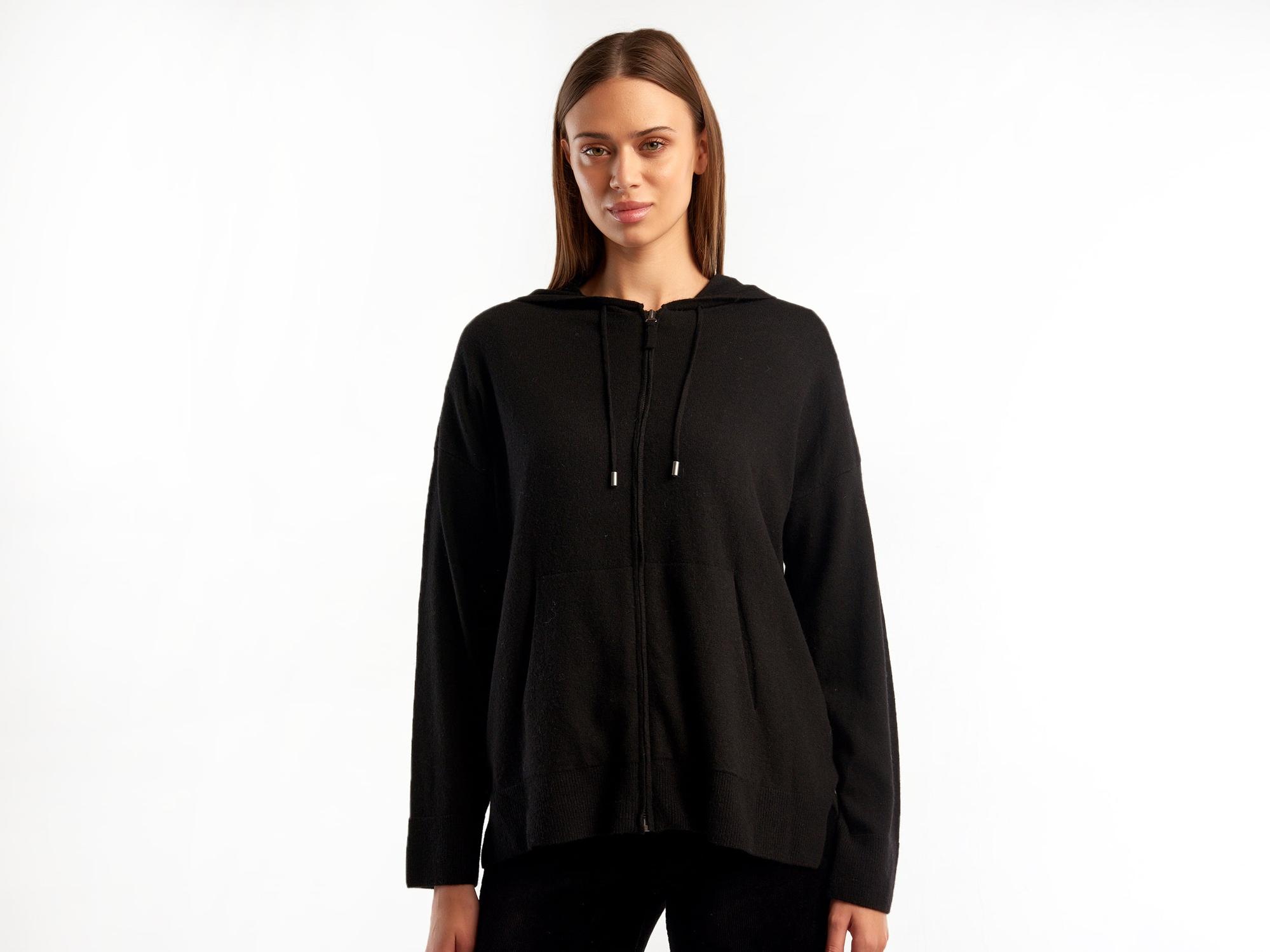 Kadın Siyah Kapüşonlu Kaşmir Karışımlı Triko Eşofman Üstü