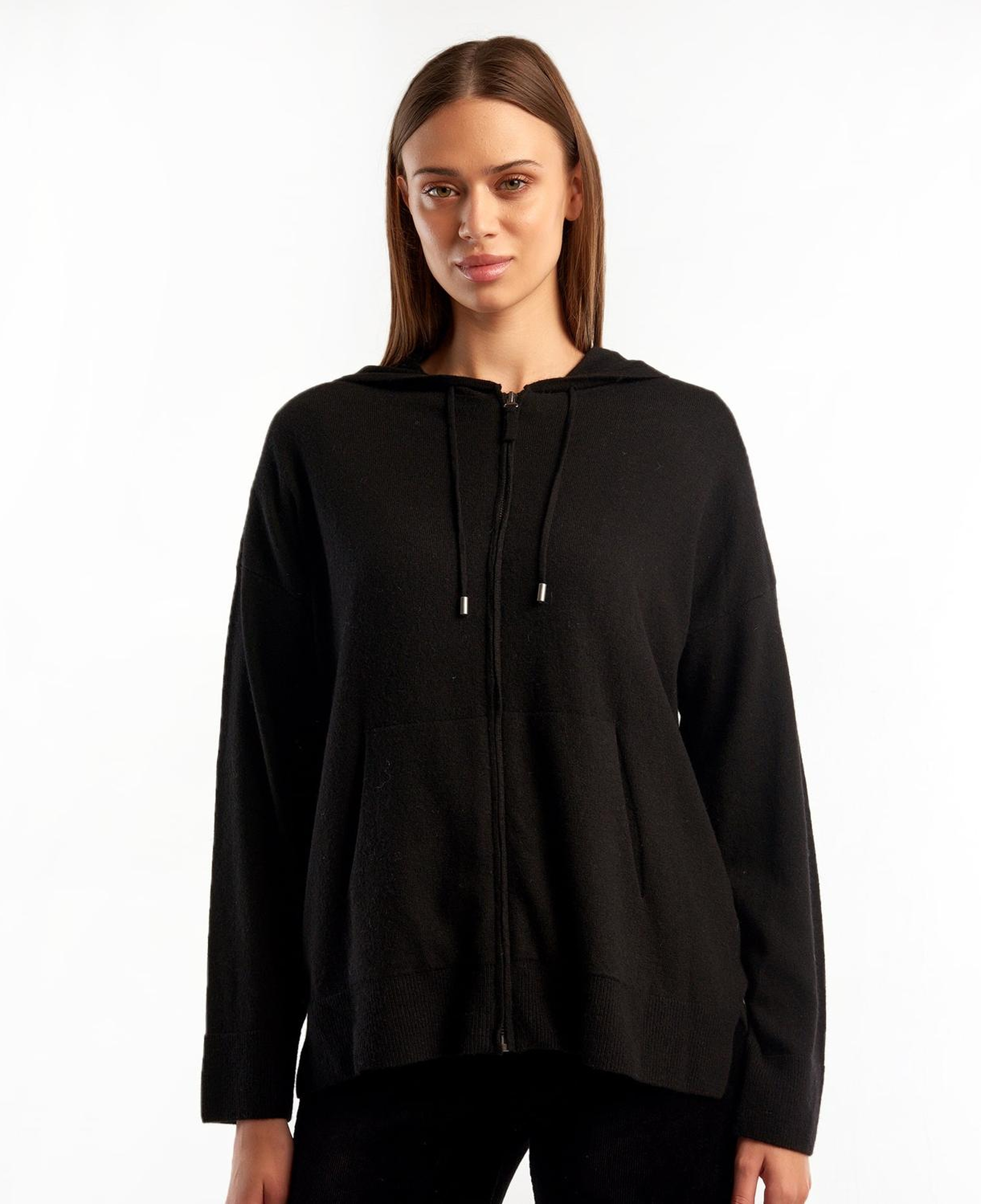 Kadın Siyah Kapüşonlu Kaşmir Karışımlı Triko Eşofman Üstü
