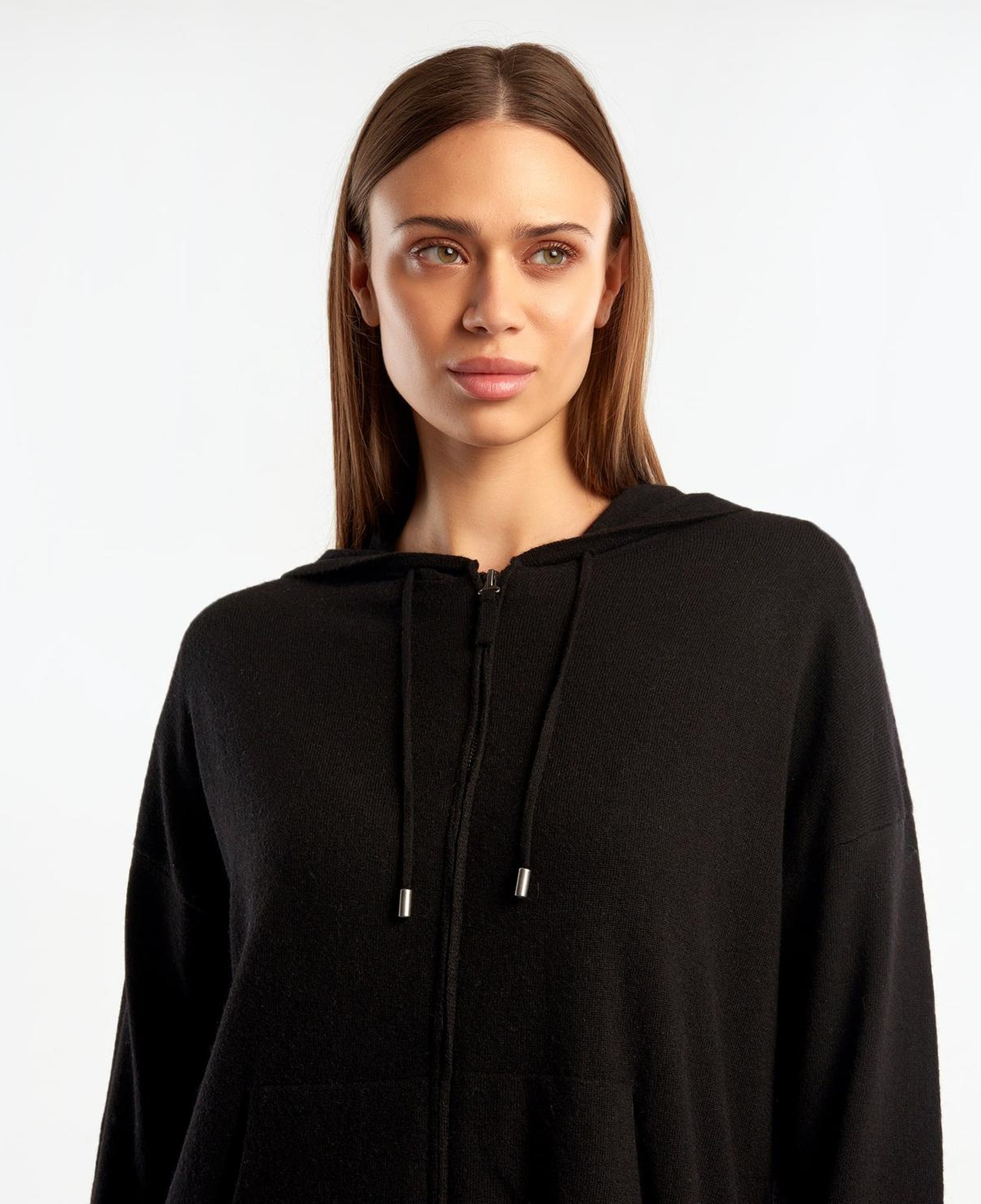 Kadın Siyah Kapüşonlu Kaşmir Karışımlı Triko Eşofman Üstü