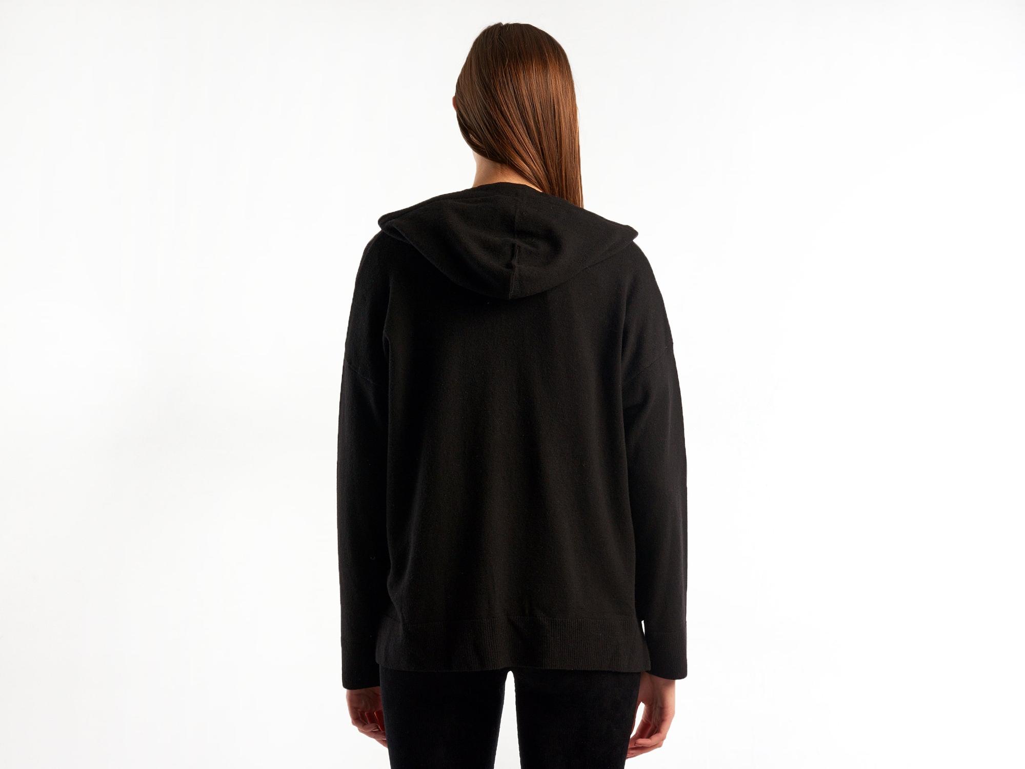 Kadın Siyah Kapüşonlu Kaşmir Karışımlı Triko Eşofman Üstü