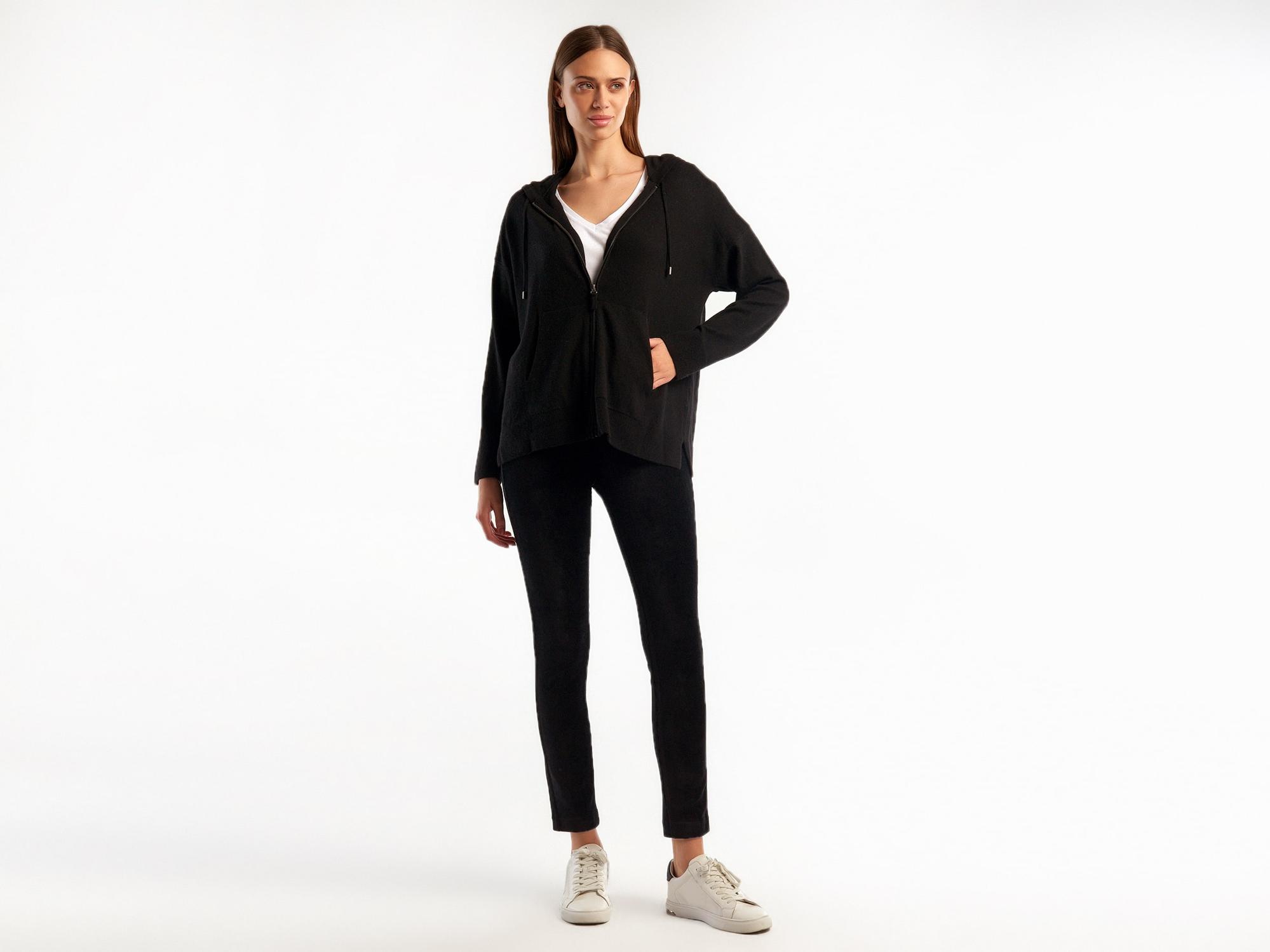 Kadın Siyah Kapüşonlu Kaşmir Karışımlı Triko Eşofman Üstü