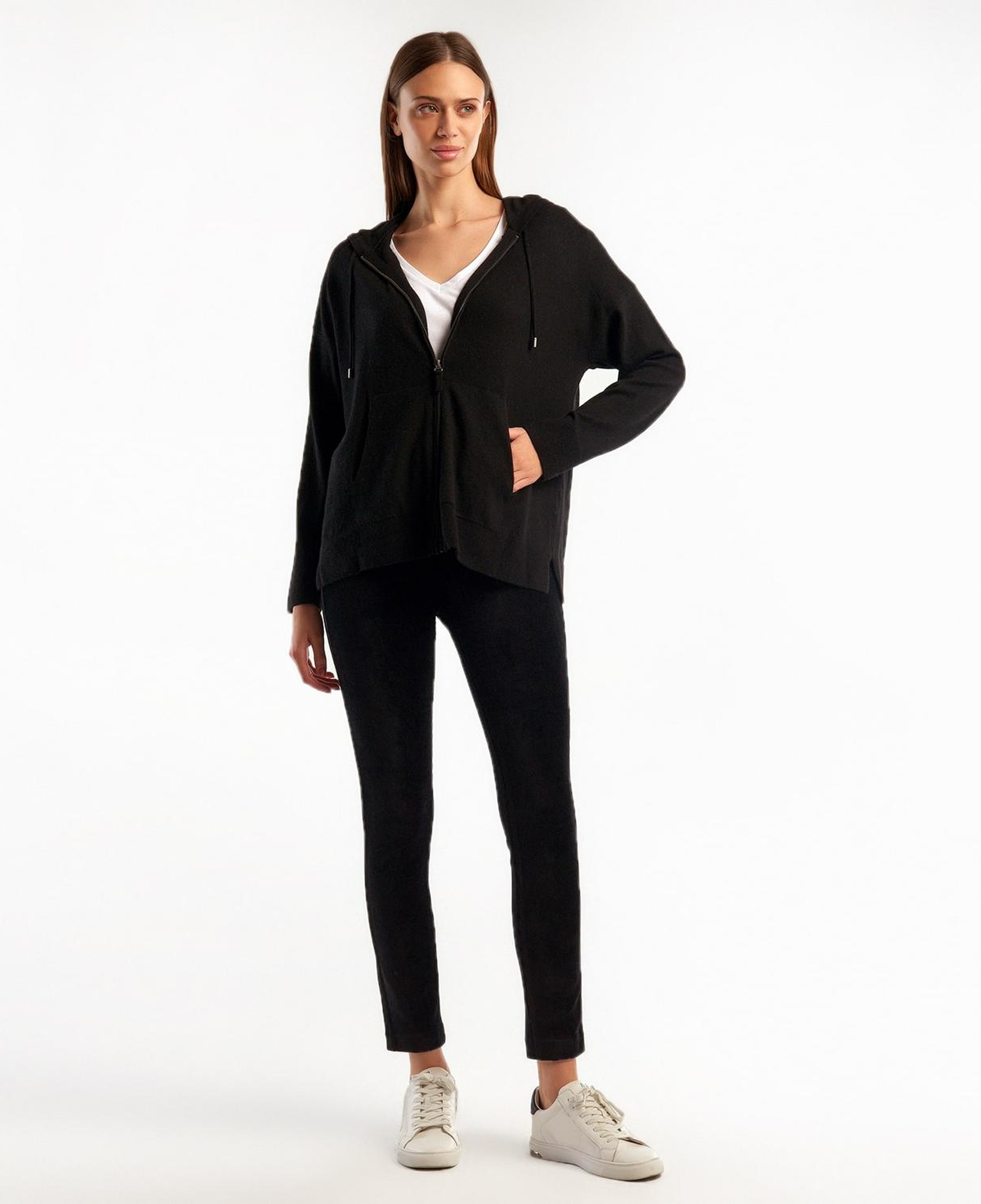 Kadın Siyah Kapüşonlu Kaşmir Karışımlı Triko Eşofman Üstü