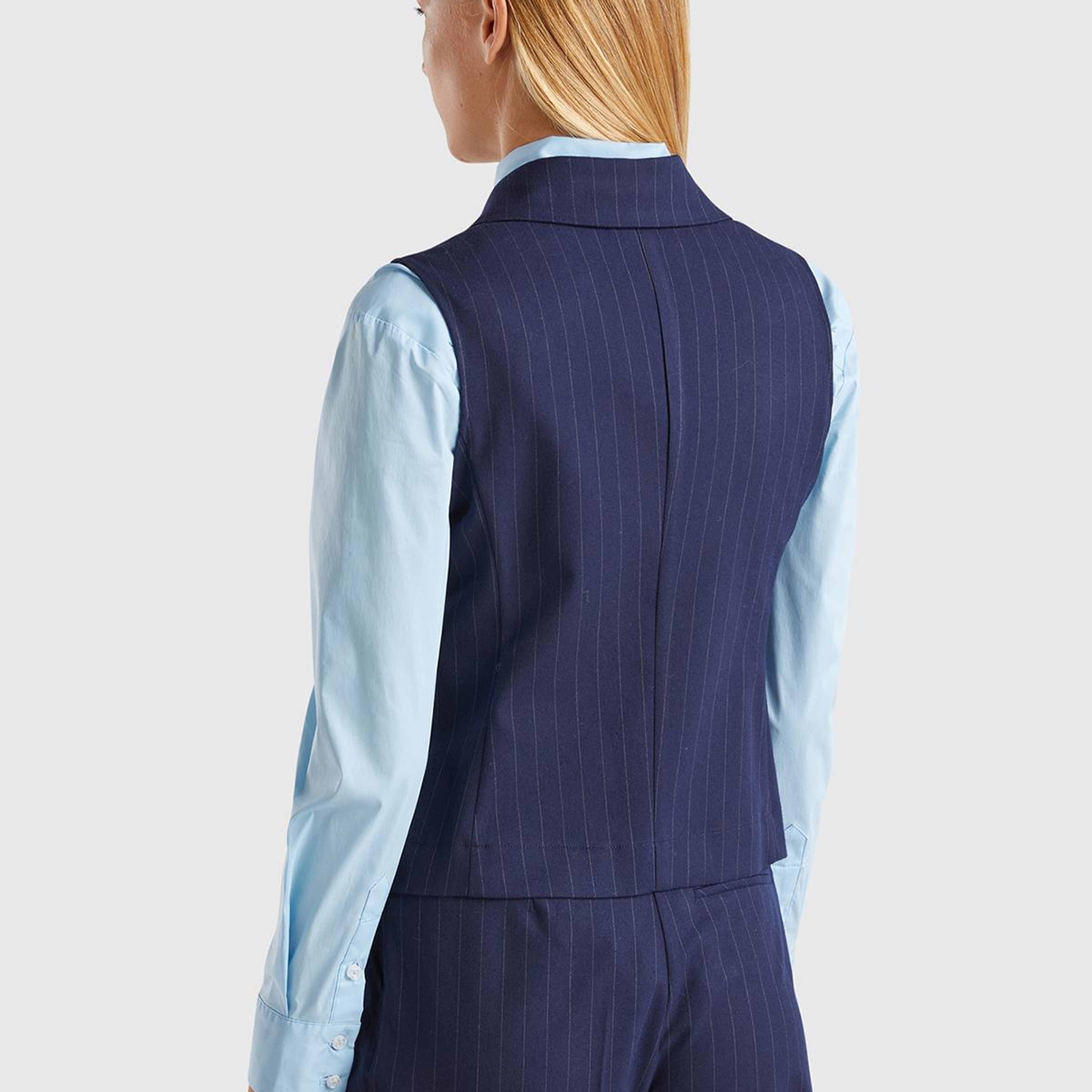 Kadın Lacivert Viskoz Karışımlı Düğmeli Çizgili Sivri Yaka Kruvaze Yelek