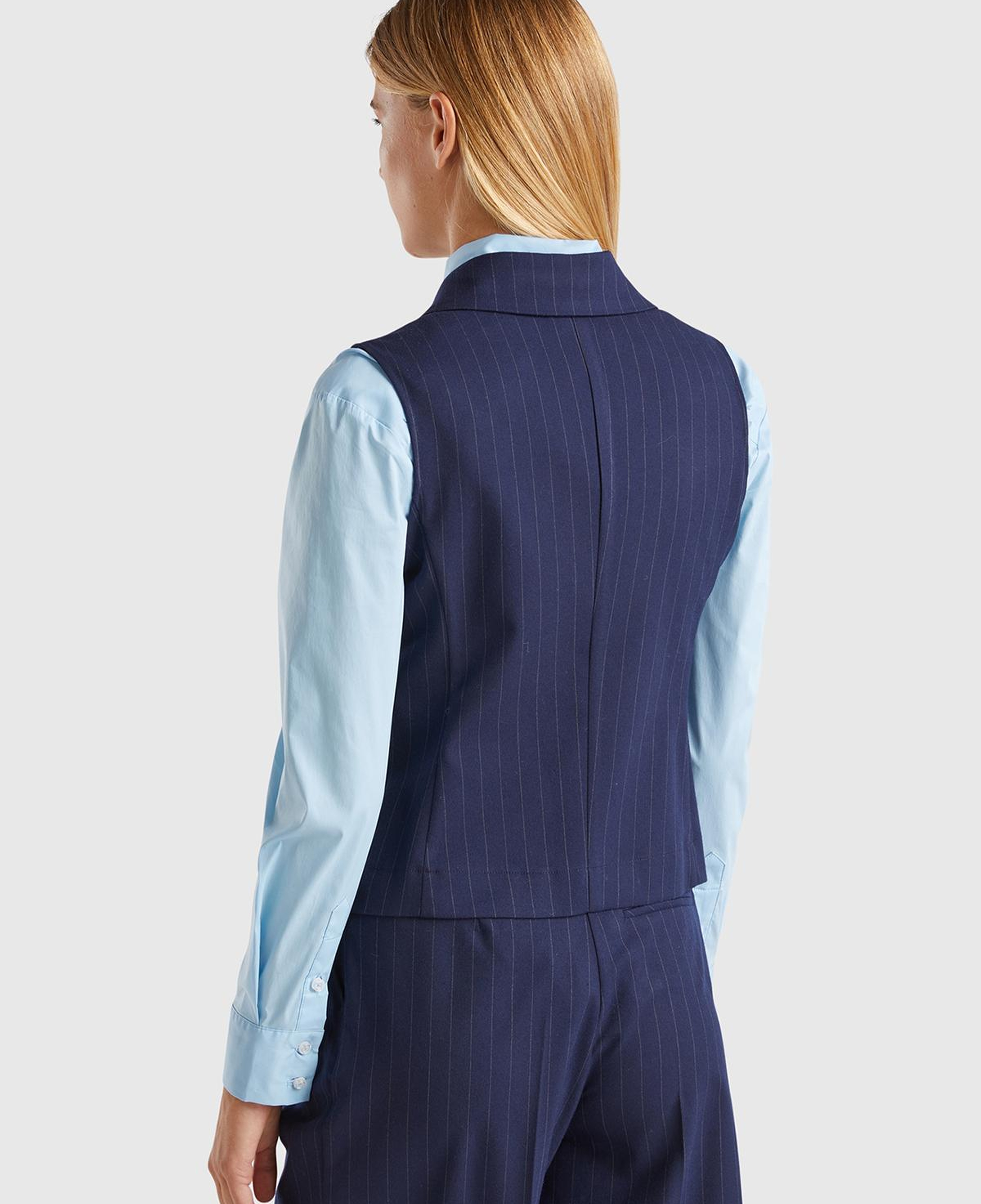 Kadın Lacivert Viskoz Karışımlı Düğmeli Çizgili Sivri Yaka Kruvaze Yelek