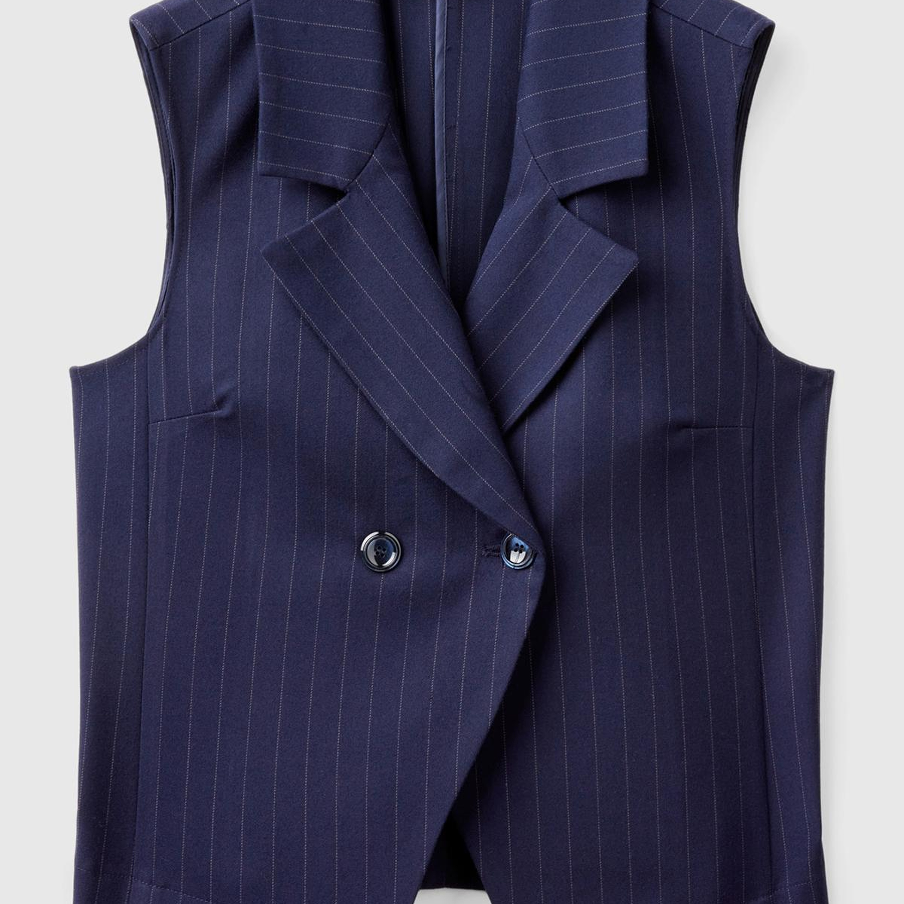 Kadın Lacivert Viskoz Karışımlı Düğmeli Çizgili Sivri Yaka Kruvaze Yelek