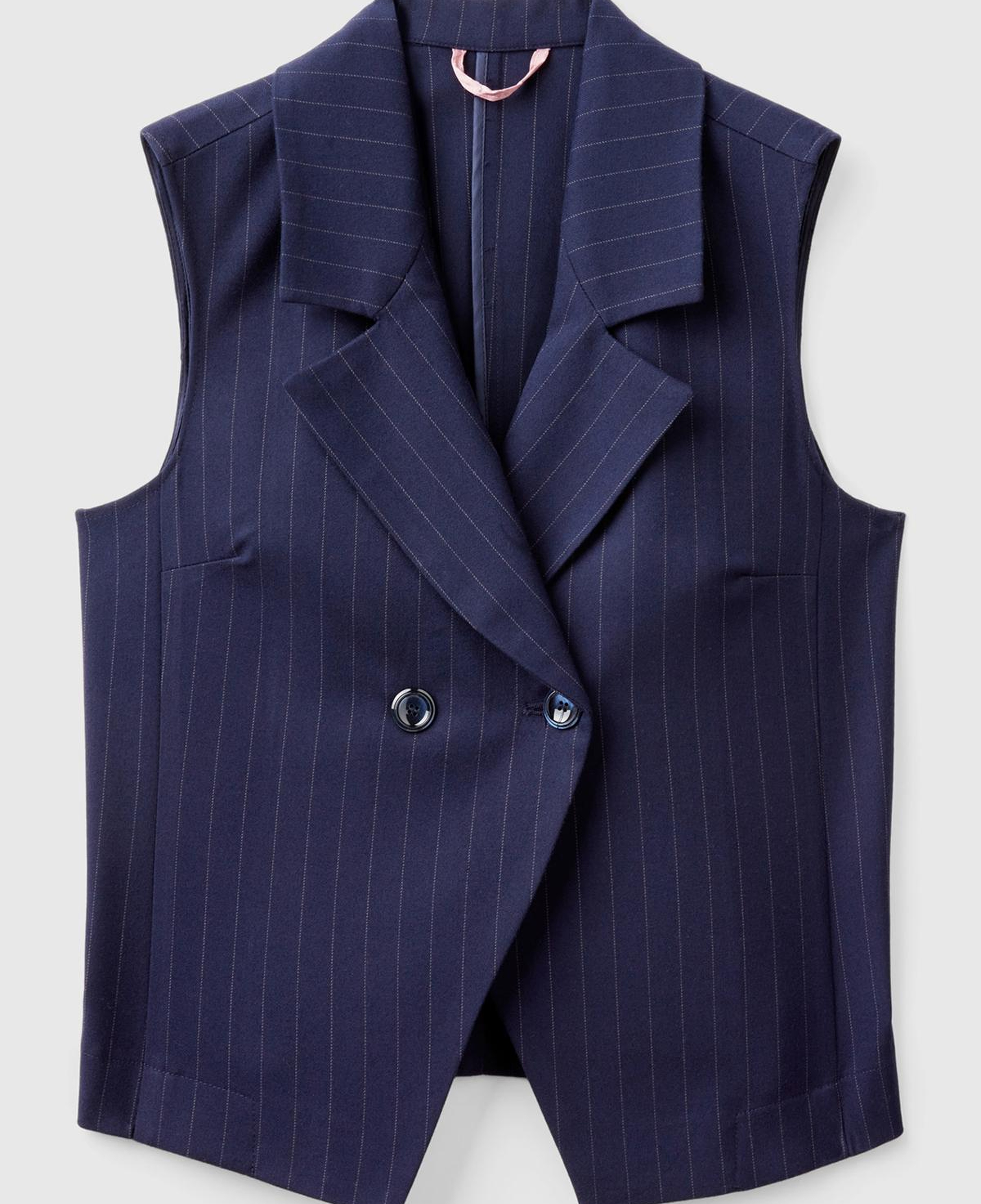 Kadın Lacivert Viskoz Karışımlı Düğmeli Çizgili Sivri Yaka Kruvaze Yelek